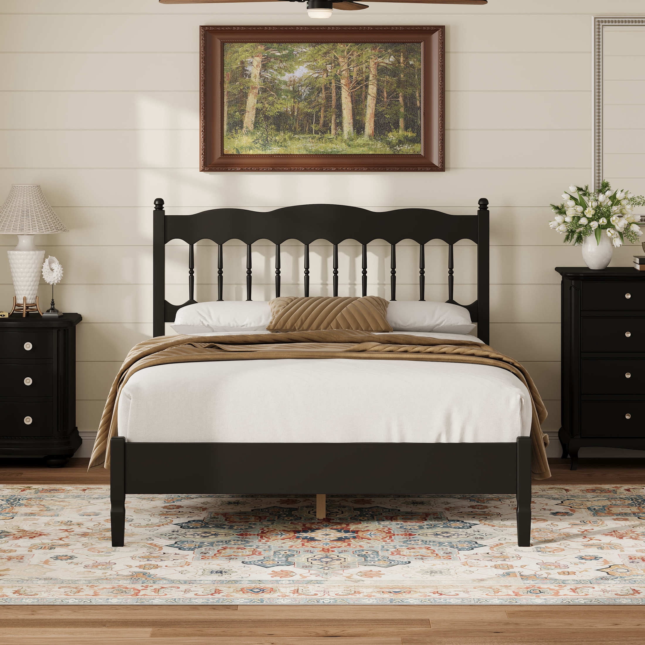 Noble House Onius Countryside Style Full Size Wooden Bed Frame, Heavy-Duty Platform Bed with Center Support, Black
