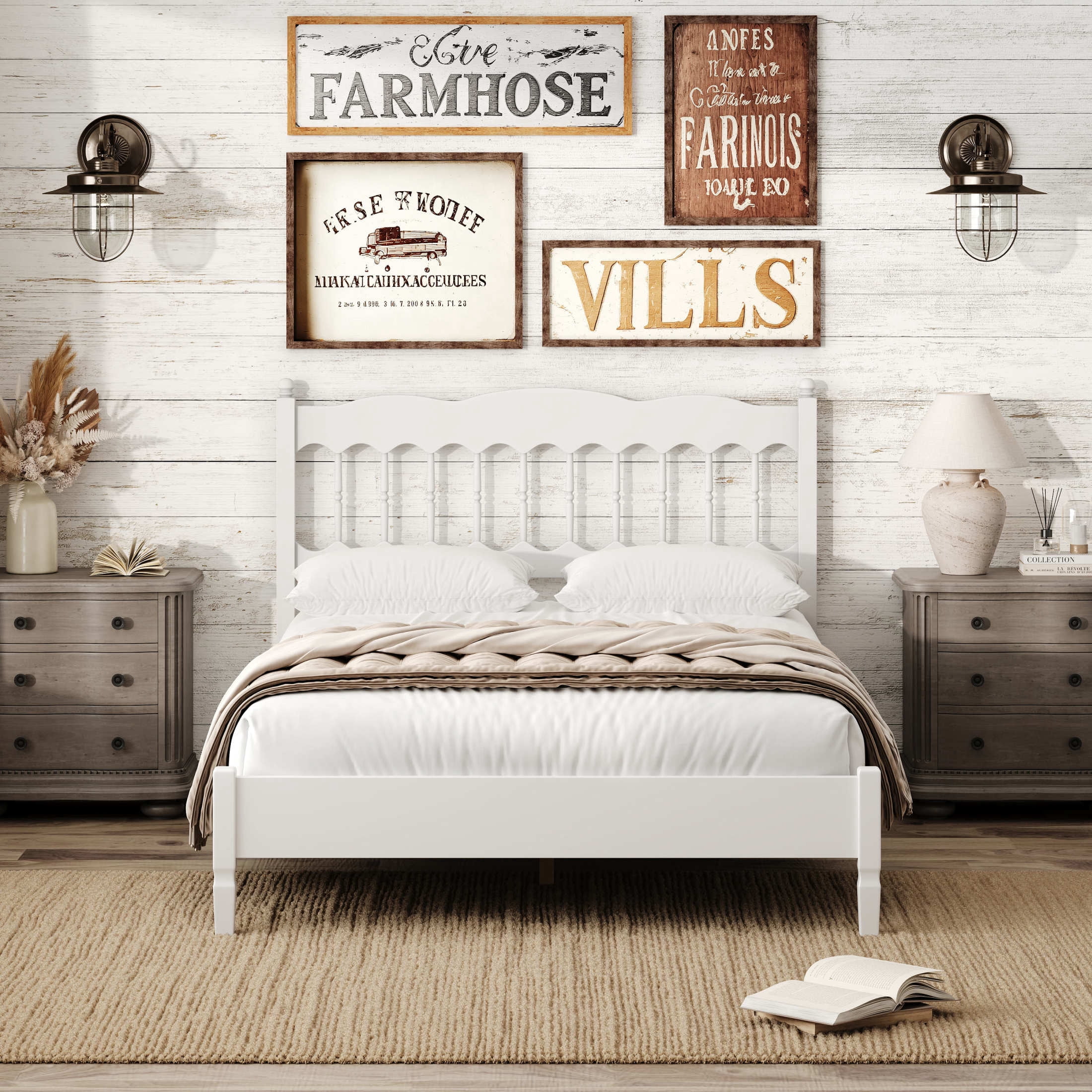 Noble House Onius Countryside Style Full Size Wooden Bed Frame, Heavy-Duty Platform Bed with Center Support, White