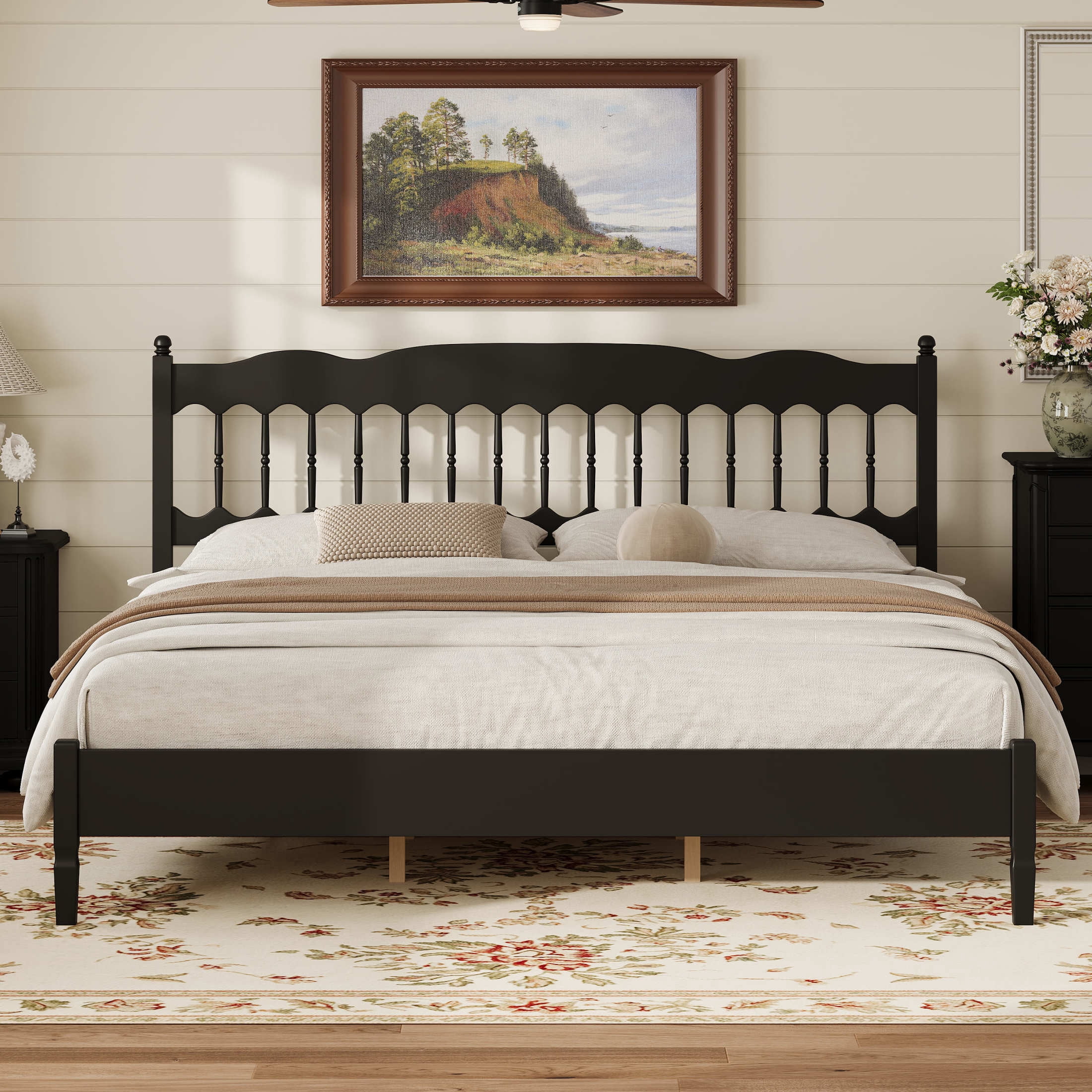 Noble House Onius Countryside Style King Size Wooden Bed Frame, Heavy-Duty Platform Bed with Center Support, Black