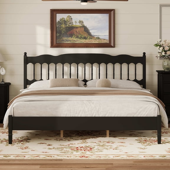 Noble House Onius Countryside Style King Size Wooden Bed Frame, Heavy-Duty Platform Bed with Center Support, Black