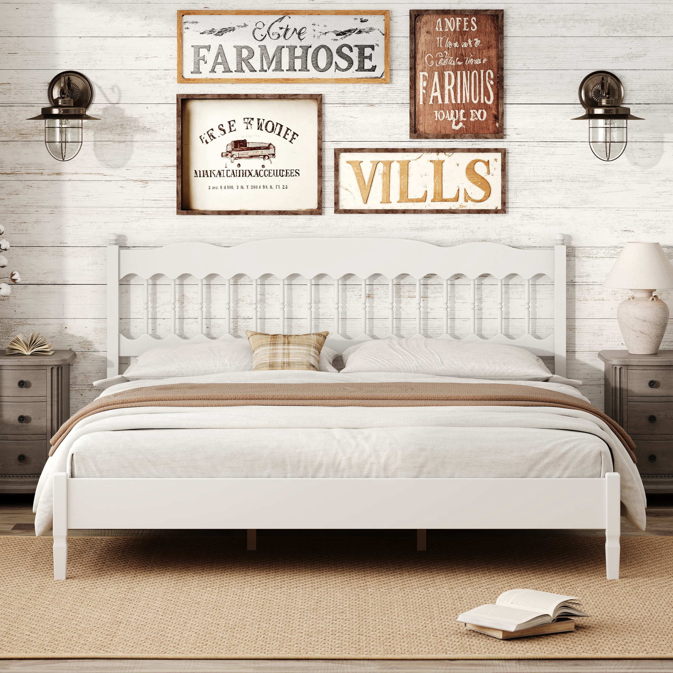Noble House Onius Countryside Style King Size Wooden Bed Frame, Heavy-Duty Platform Bed with Center Support, White