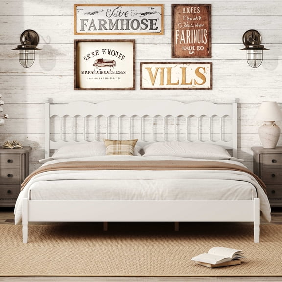 Noble House Onius Countryside Style King Size Wooden Bed Frame, Heavy-Duty Platform Bed with Center Support, White