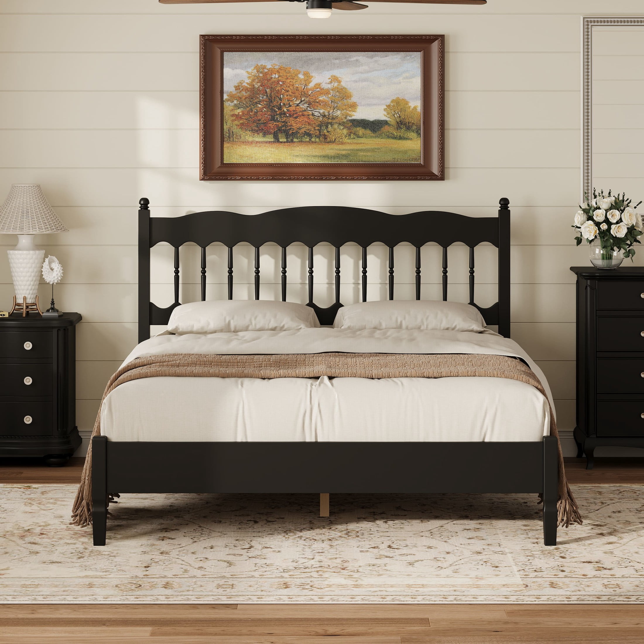 Noble House Onius Countryside Style Queen Size Wooden Bed Frame, Heavy-Duty Platform Bed with Center Support, Black
