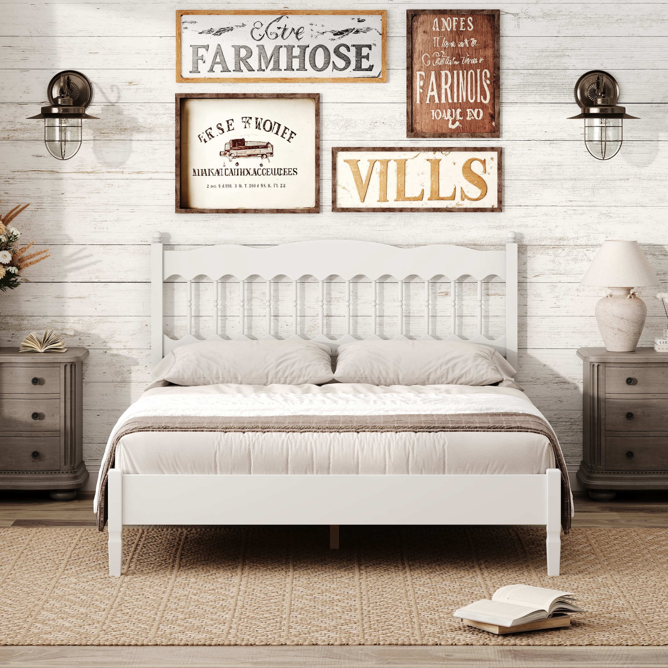 Noble House Onius Countryside Style Queen Size Wooden Bed Frame, Heavy-Duty Platform Bed with Center Support, White
