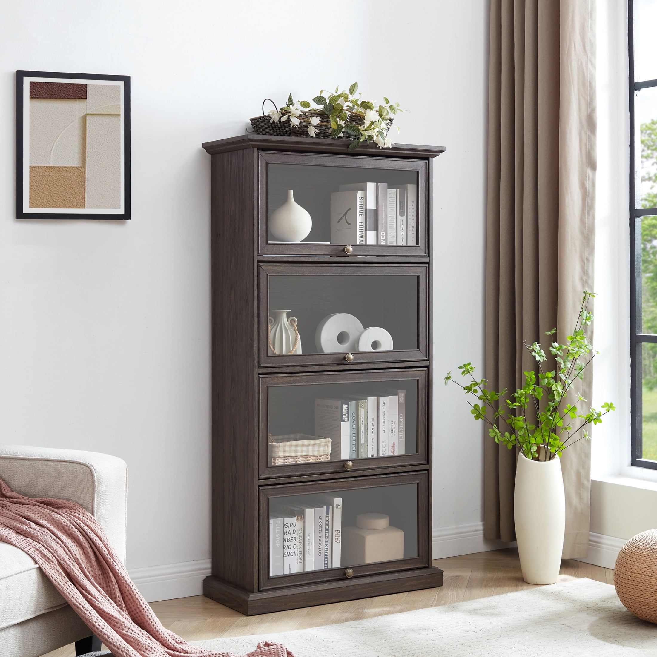 Noble House Oprah 63" 4-Tier Glass Display Cabinet, Flip-Up Door Curio Bookcase for Collectibles, Brown