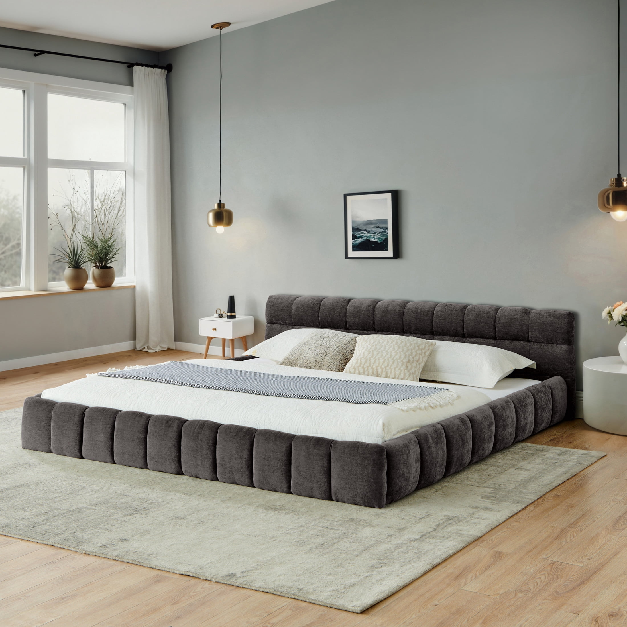 Noble House Oprah California King Size Chenille Upholstered Bed Frame, Modern Solid Frame Grounded Platform Bed, Dark Gray