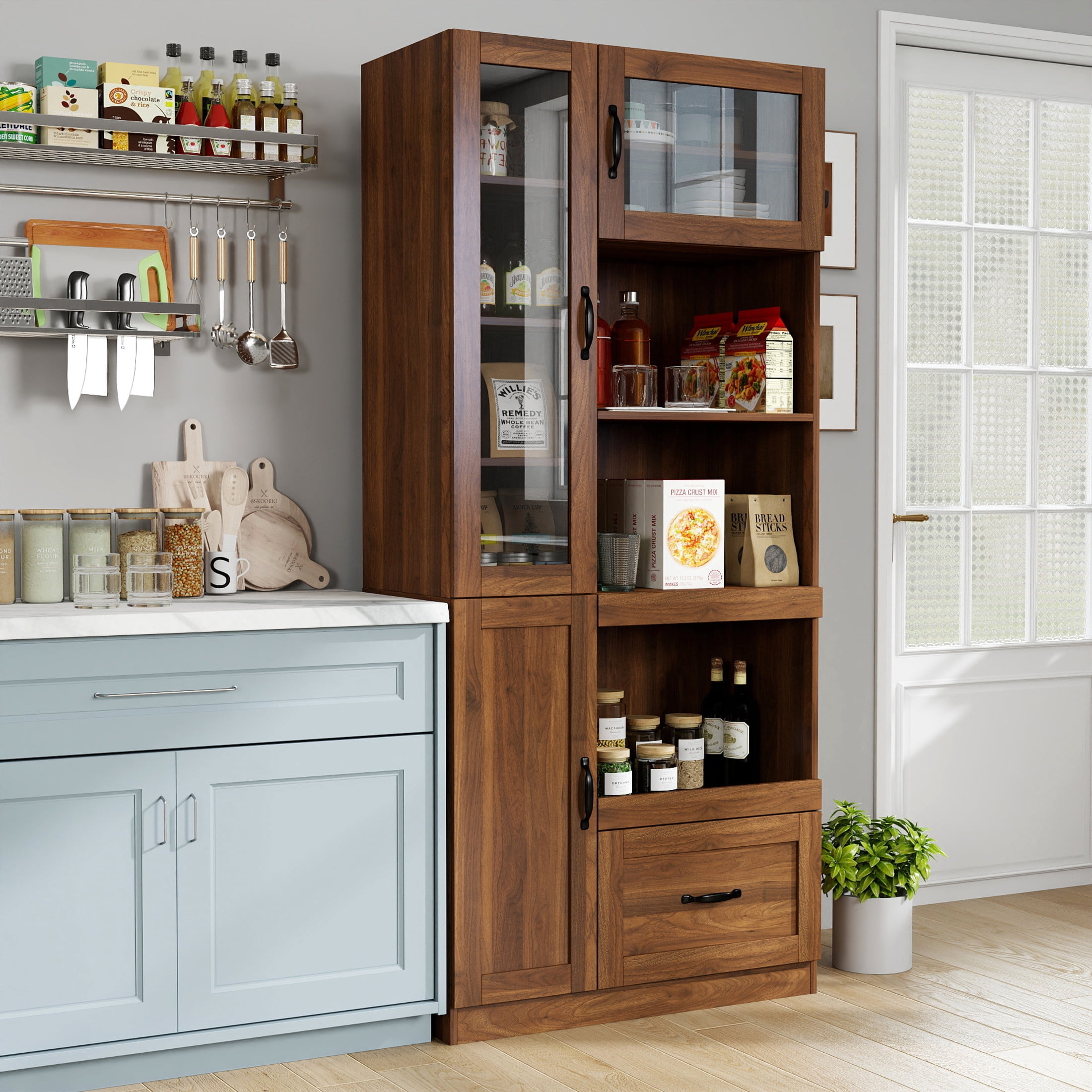 Noble House Oprah Farmhouse Kitchen Hutch Cabinet with Microwave Stand, Coffee Bar Buffet Sideboard with Hooks, Walnut