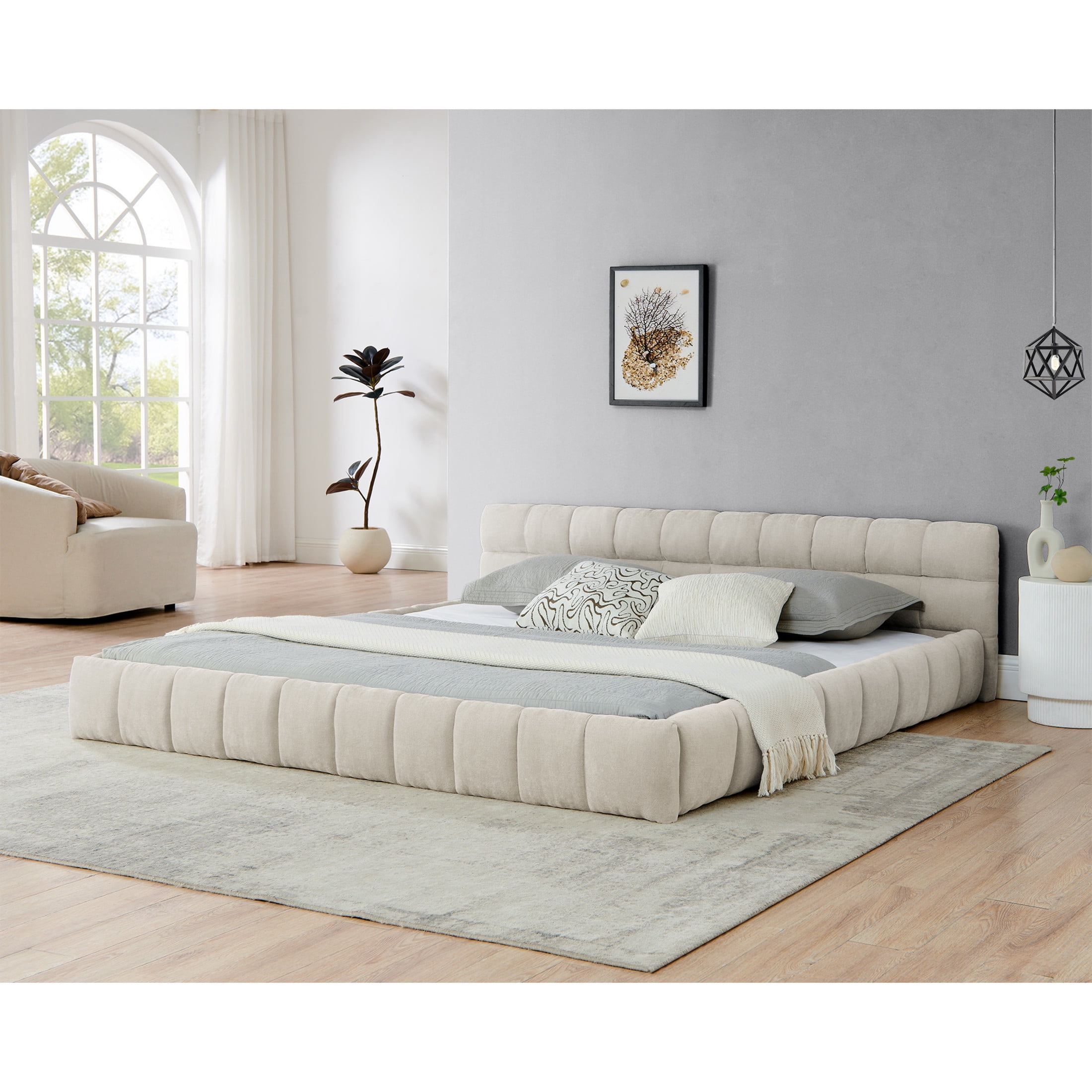 Noble House Oprah King Size Chenille Upholstered Bed Frame, Modern Solid Frame Grounded Platform Bed, Beige