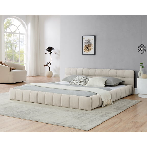 Noble House Oprah King Size Chenille Upholstered Bed Frame, Modern Solid Frame Grounded Platform Bed, Beige