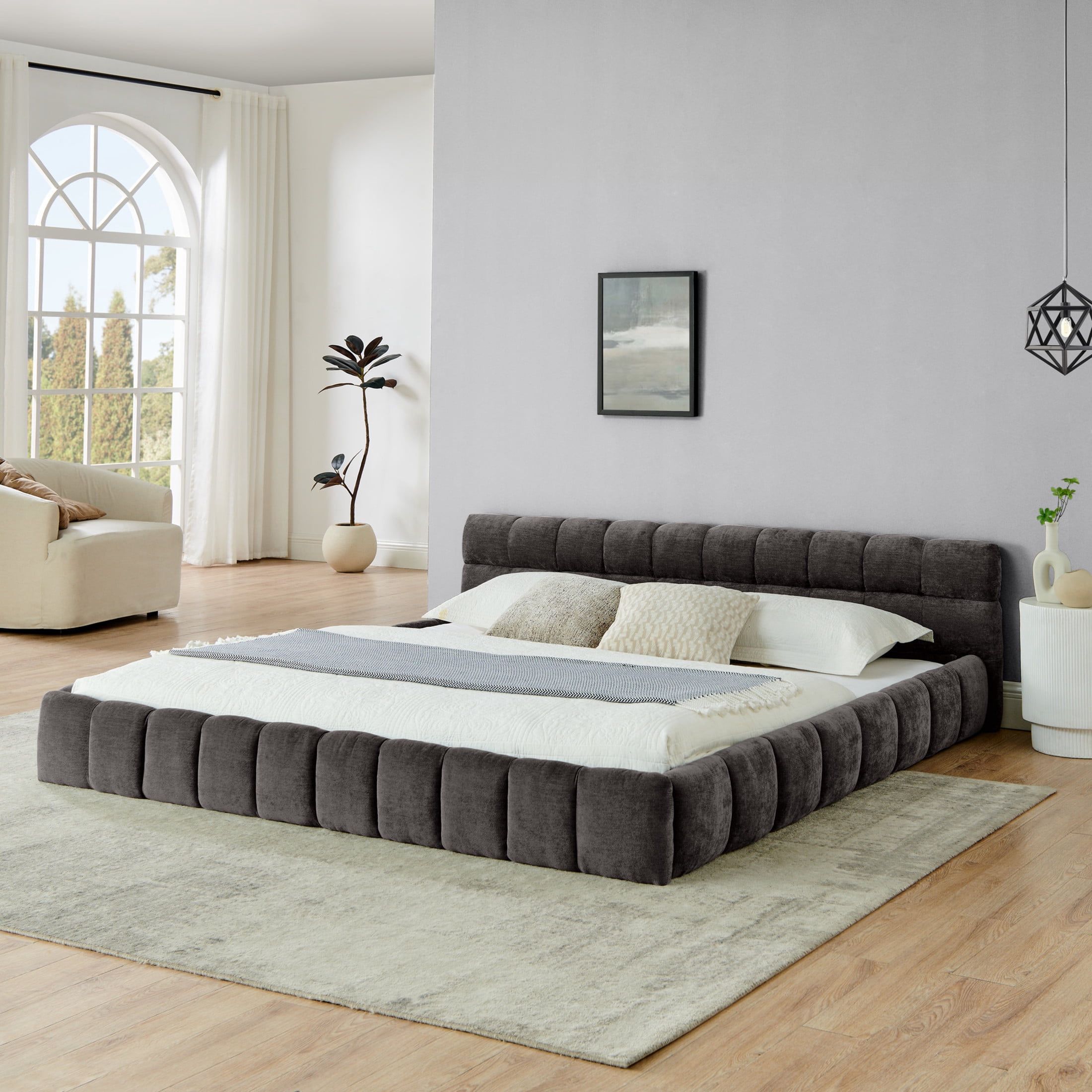 Noble House Oprah King Size Chenille Upholstered Bed Frame, Modern Solid Frame Grounded Platform Bed, Dark Gray