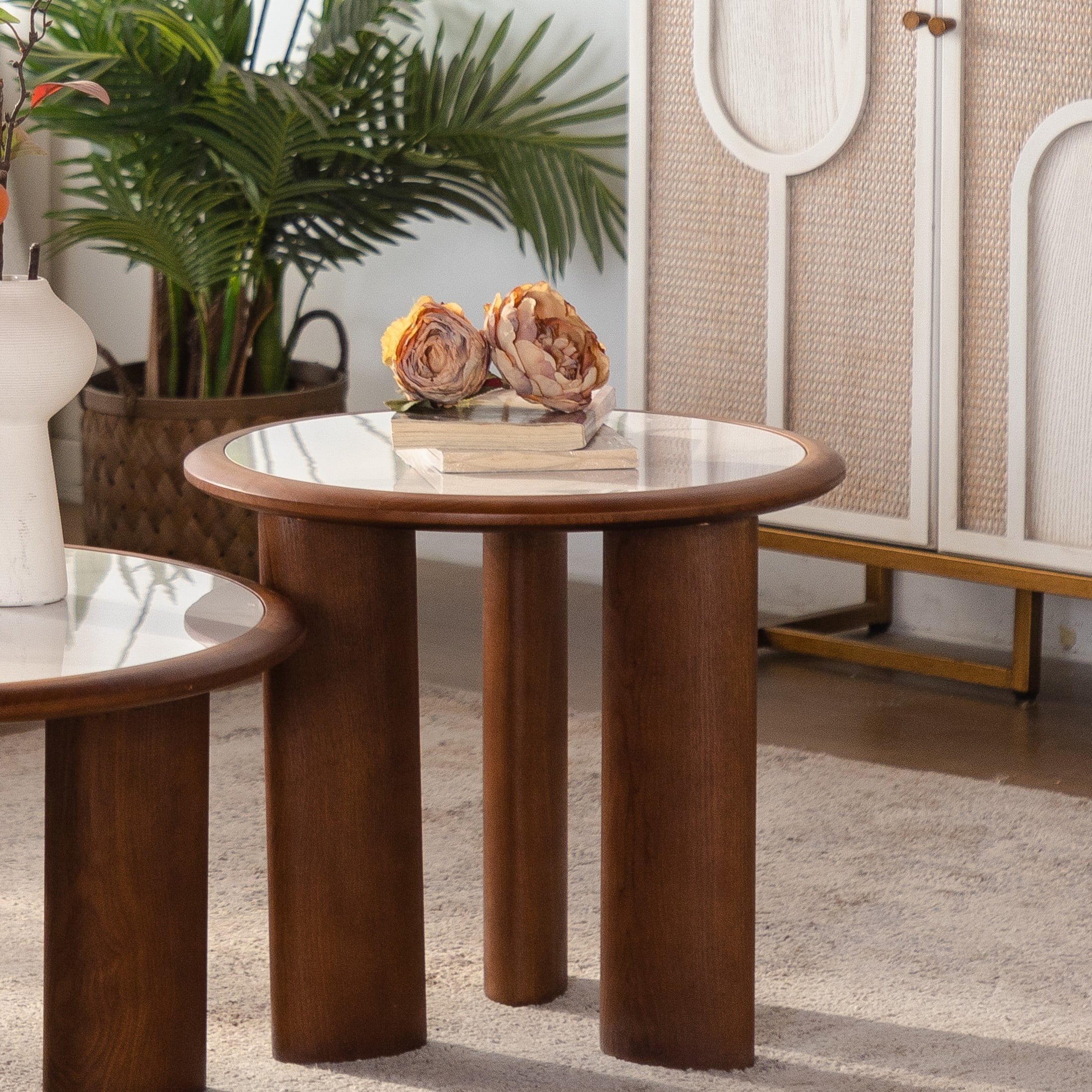 Noble House Ordis 19.49" Round Sintered Stone Coffee Table with Wood Veneer Frame & Cylindrical Legs, White & Walnut