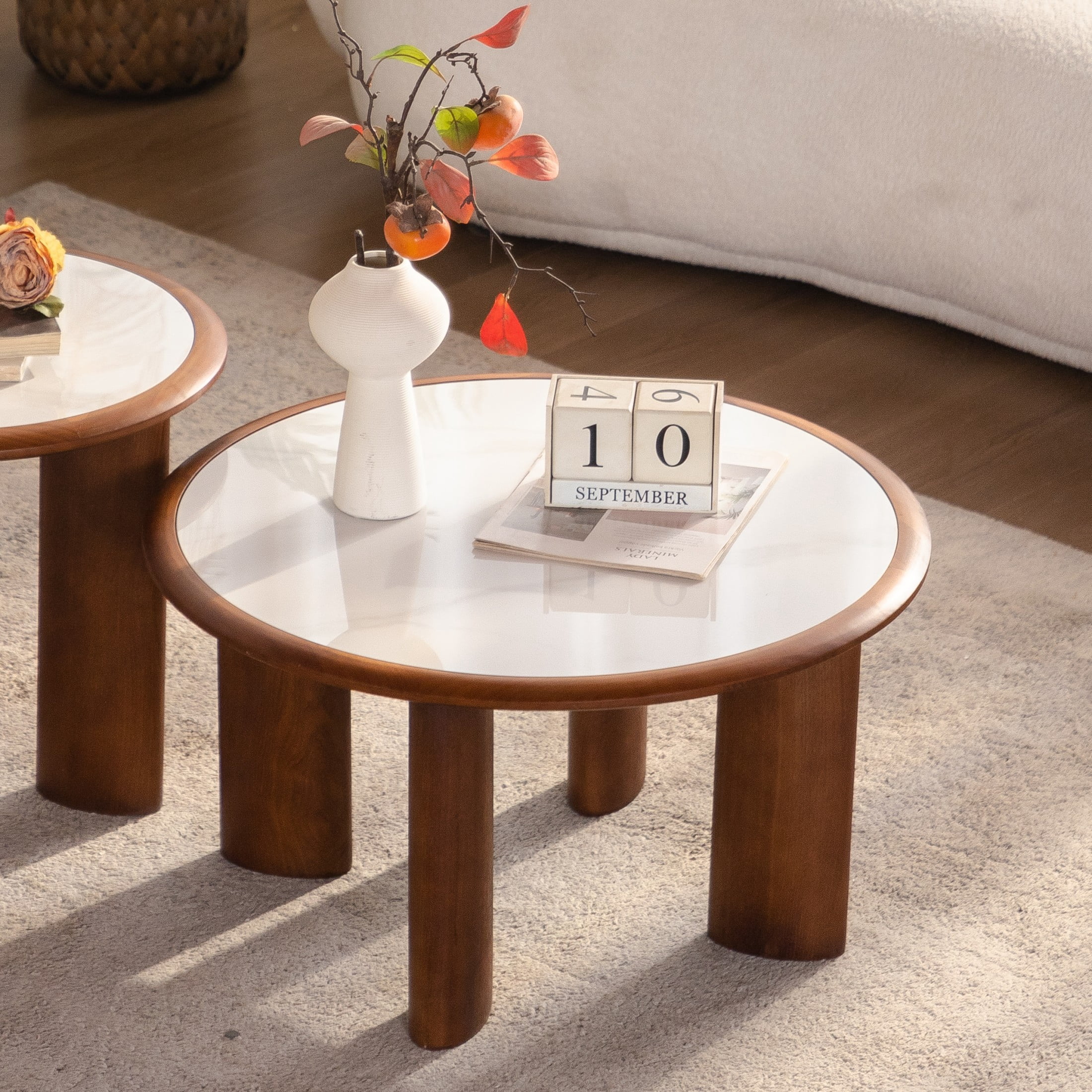 Noble House Ordis 27.76" Round Sintered Stone Coffee Table with Wood Veneer Frame & Cylindrical Legs, White & Walnut