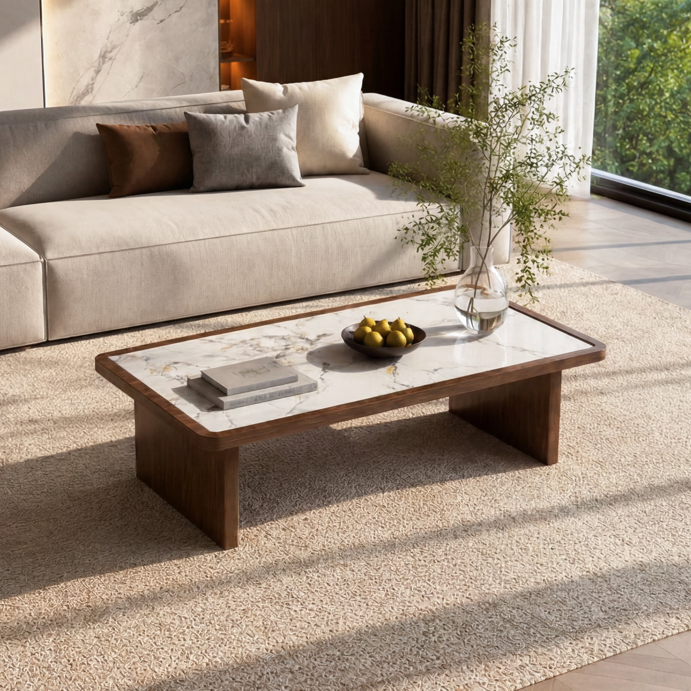 Noble House Ordis 47" Rectangular Sintered Stone Coffee Table with Wood Veneer Frame & Wide Panel Legs, White & Walnut