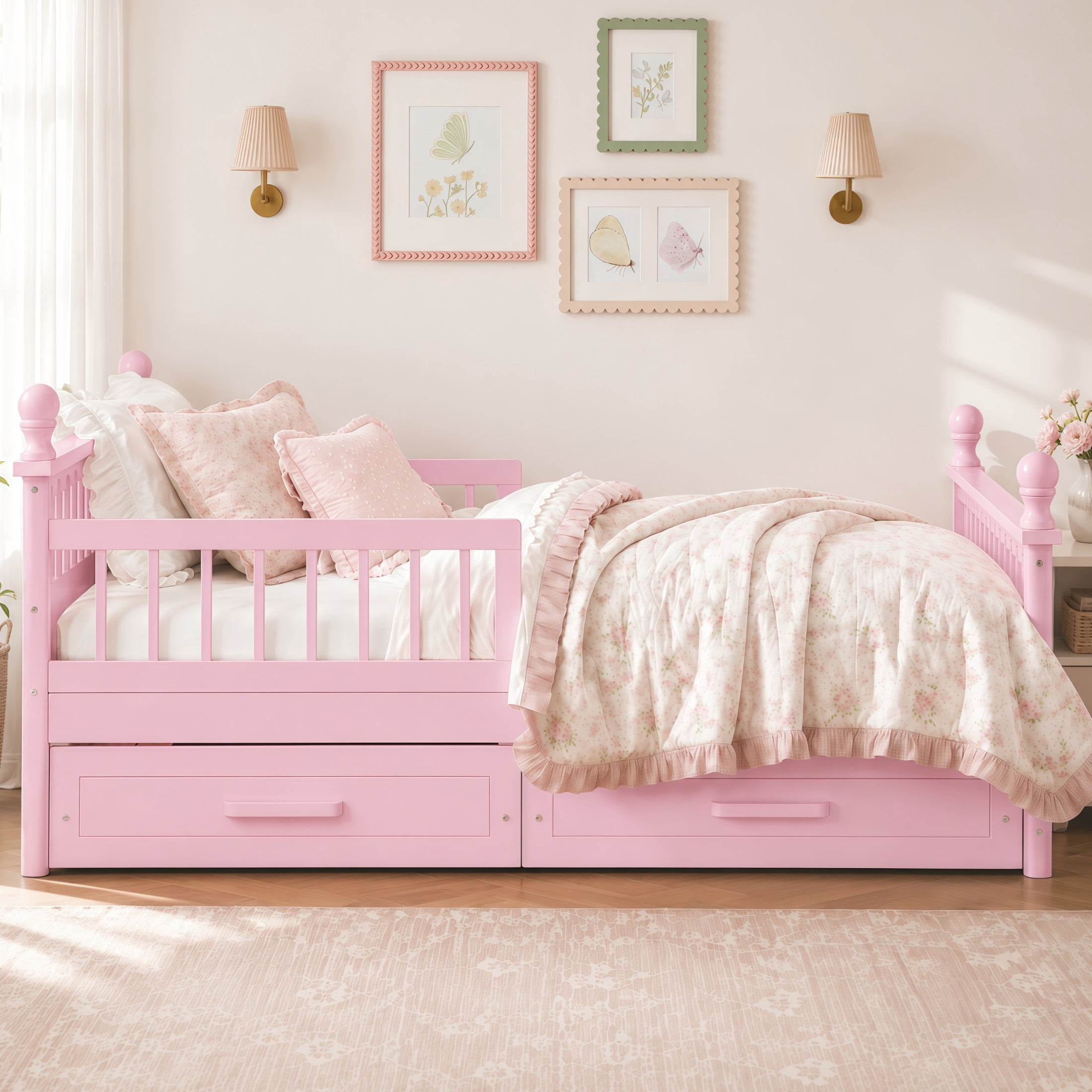 Noble House Orielle Full Kids Bed Frame with Storage Drawers, Low-Profile Platform Bed with Safety Guardrails, Pink