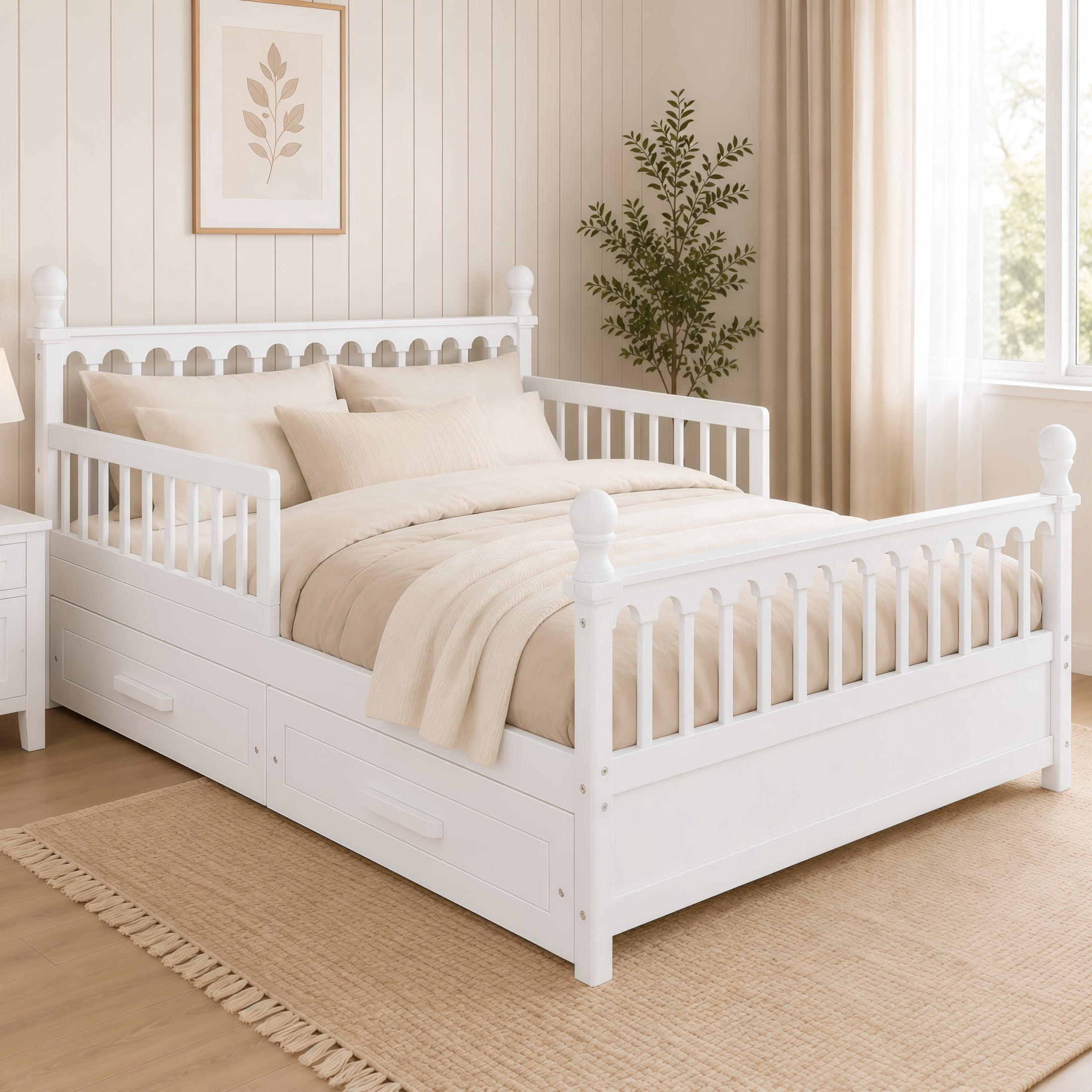 Noble House Orielle Full Kids Bed Frame with Storage Drawers, Low-Profile Platform Bed with Safety Guardrails, White