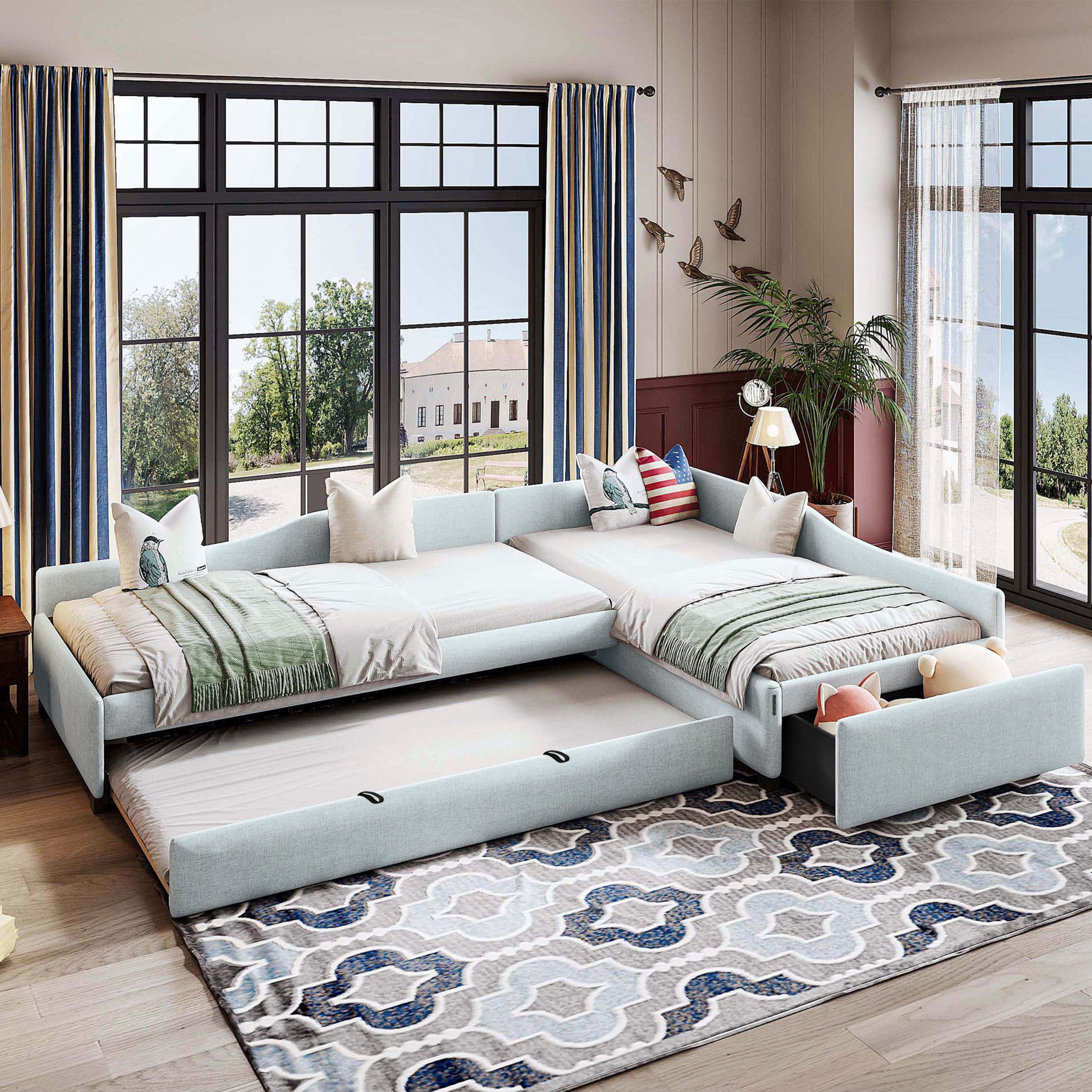 Noble House Orielle Linen Upholstered Double Twin Daybed with Extra Trundle and Storage Drawer, Plywood Frame, Beige