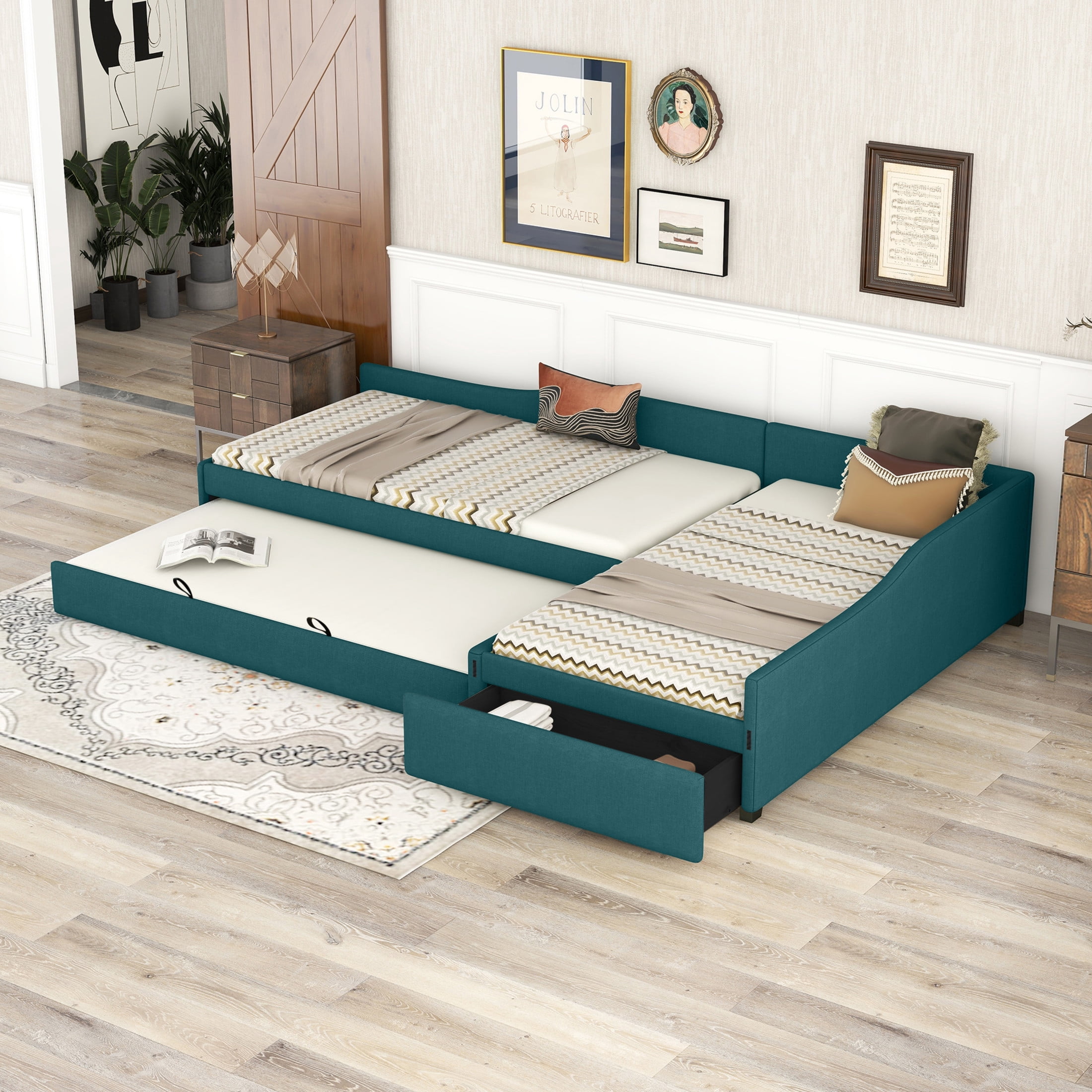Noble House Orielle Linen Upholstered Double Twin Daybed with Extra Trundle and Storage Drawer, Plywood Frame, Green
