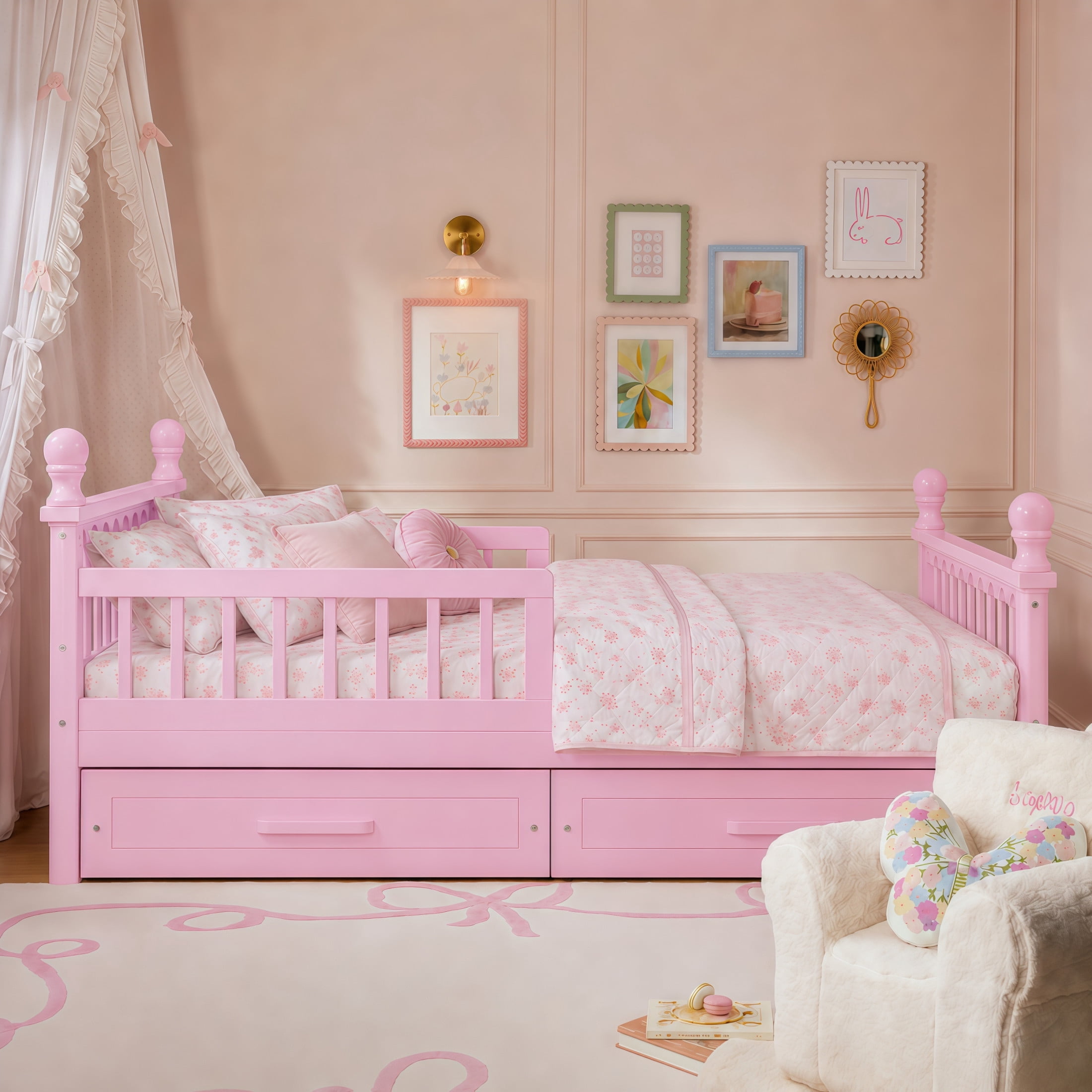 Noble House Orielle Twin Kids Bed Frame with Storage Drawers, Low-Profile Platform Bed with Safety Guardrails, Pink