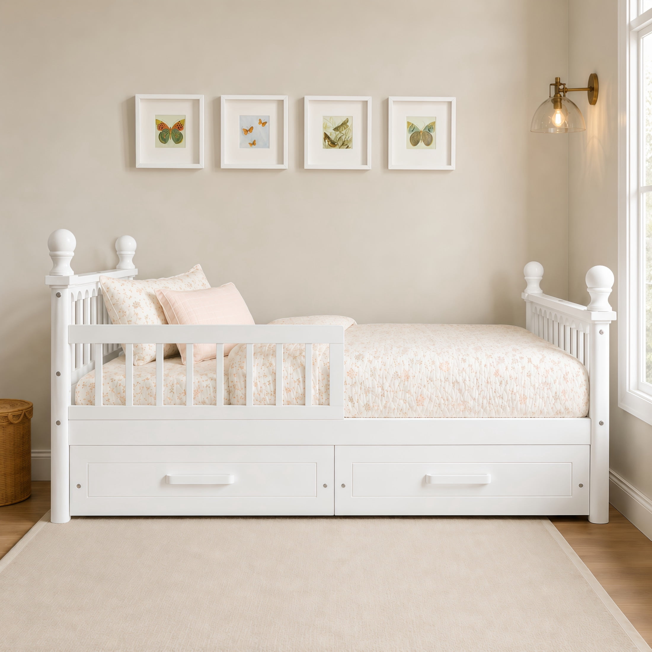 Noble House Orielle Twin Kids Bed Frame with Storage Drawers, Low-Profile Platform Bed with Safety Guardrails, White