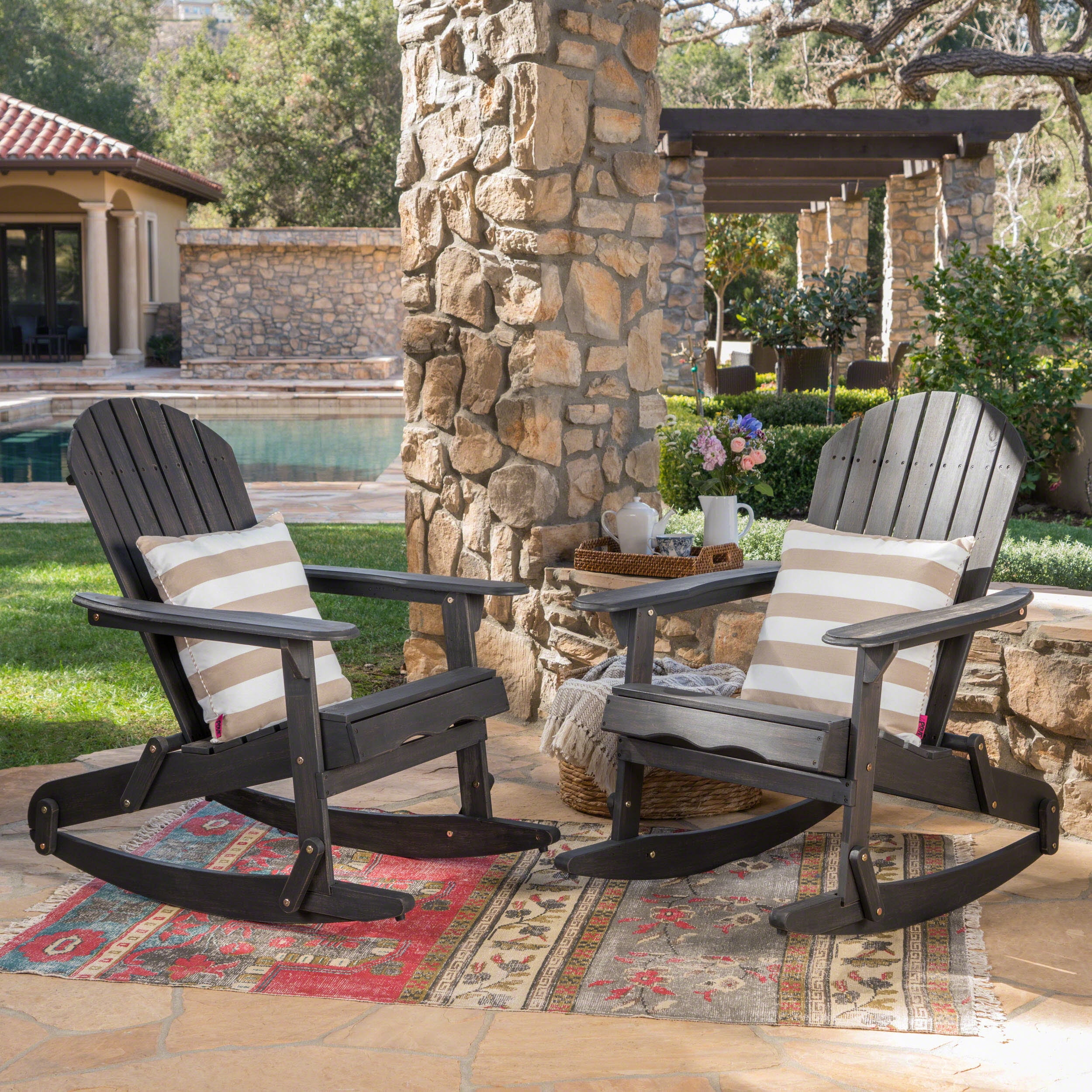 Noble House Outdoor Acacia Wood Adirondack Chairs - Set of 2, Dark Grey