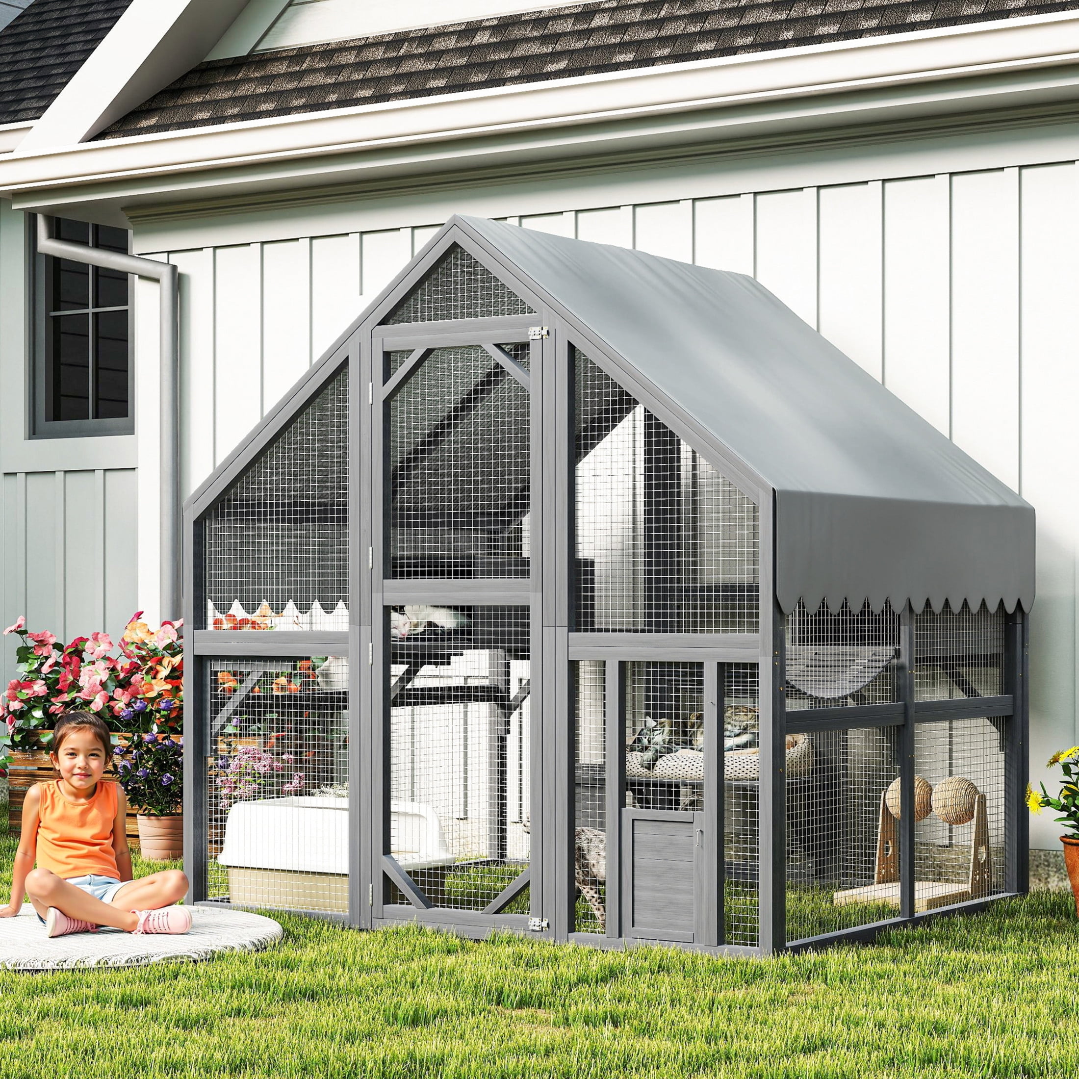 Noble House Outdoor Cat Enclosure, Wood Catio with 2 Platforms, 1 Bridge, and 2 Resting Boxes, Waterproof Canopy, Gray