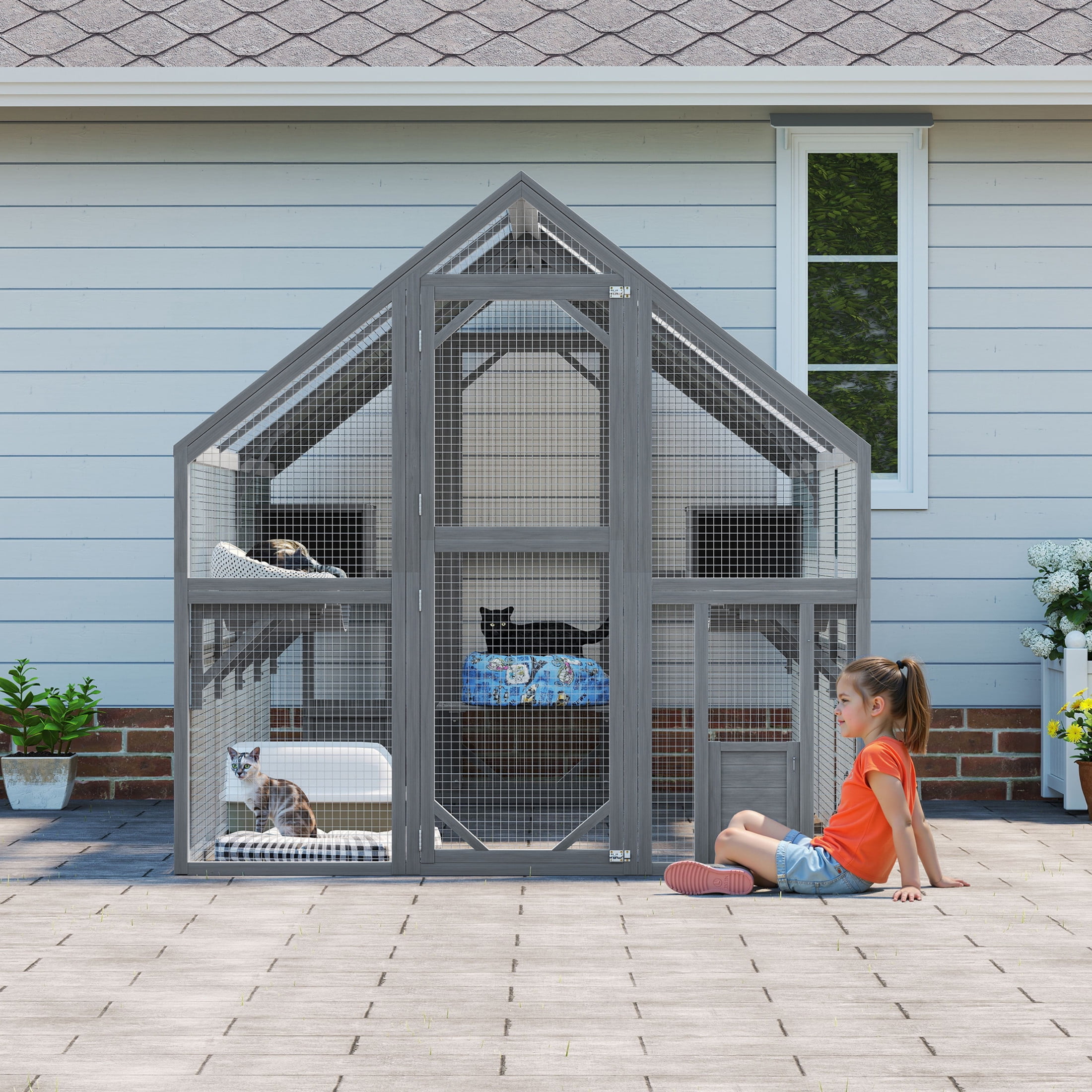 Noble House Outdoor Cat Enclosure, Wood Catio with 7 Platforms, 2 Bridges, and 2 Resting Boxes, Waterproof Canopy, Gray
