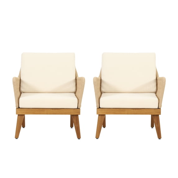 Noble House Outdoor Dining Chair - Acacia Wood - Set of 2 - with Cushions - Light Brown and Beige