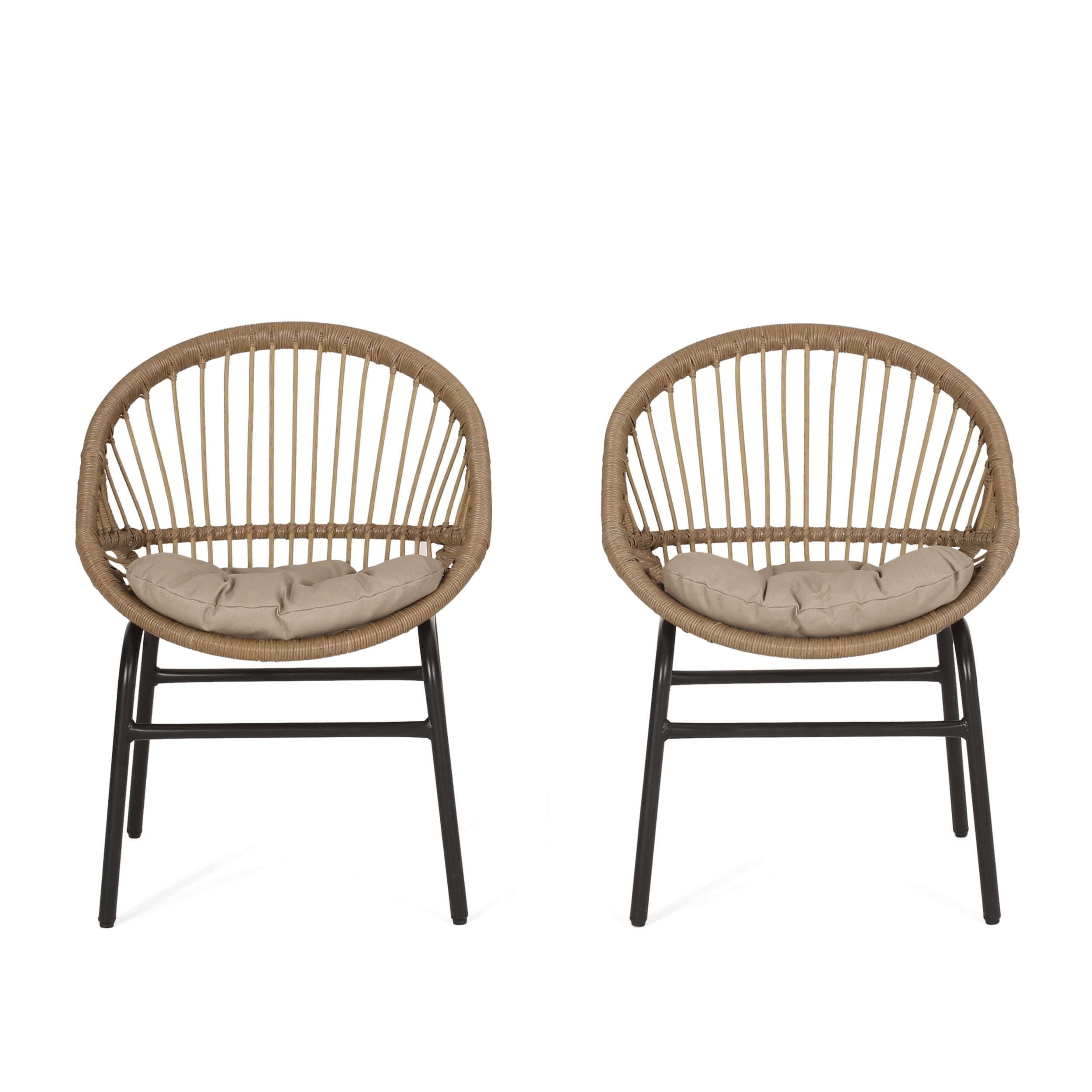 Light Brown and Beige Wicker Outdoor Dining Chairs with Cushions, Set of 2