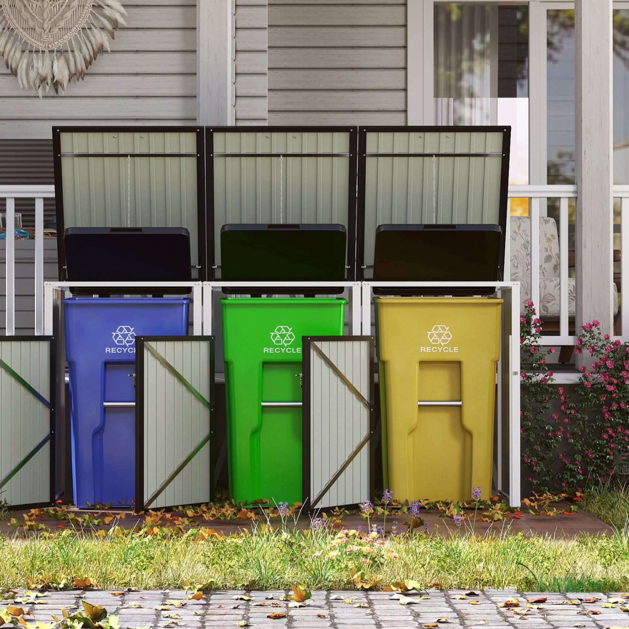 Noble House Outdoor Garbage Bin Shed for 3 Trash Cans, Lockable Galvanized Steel Garbage Bin Enclosure, Dark Gray
