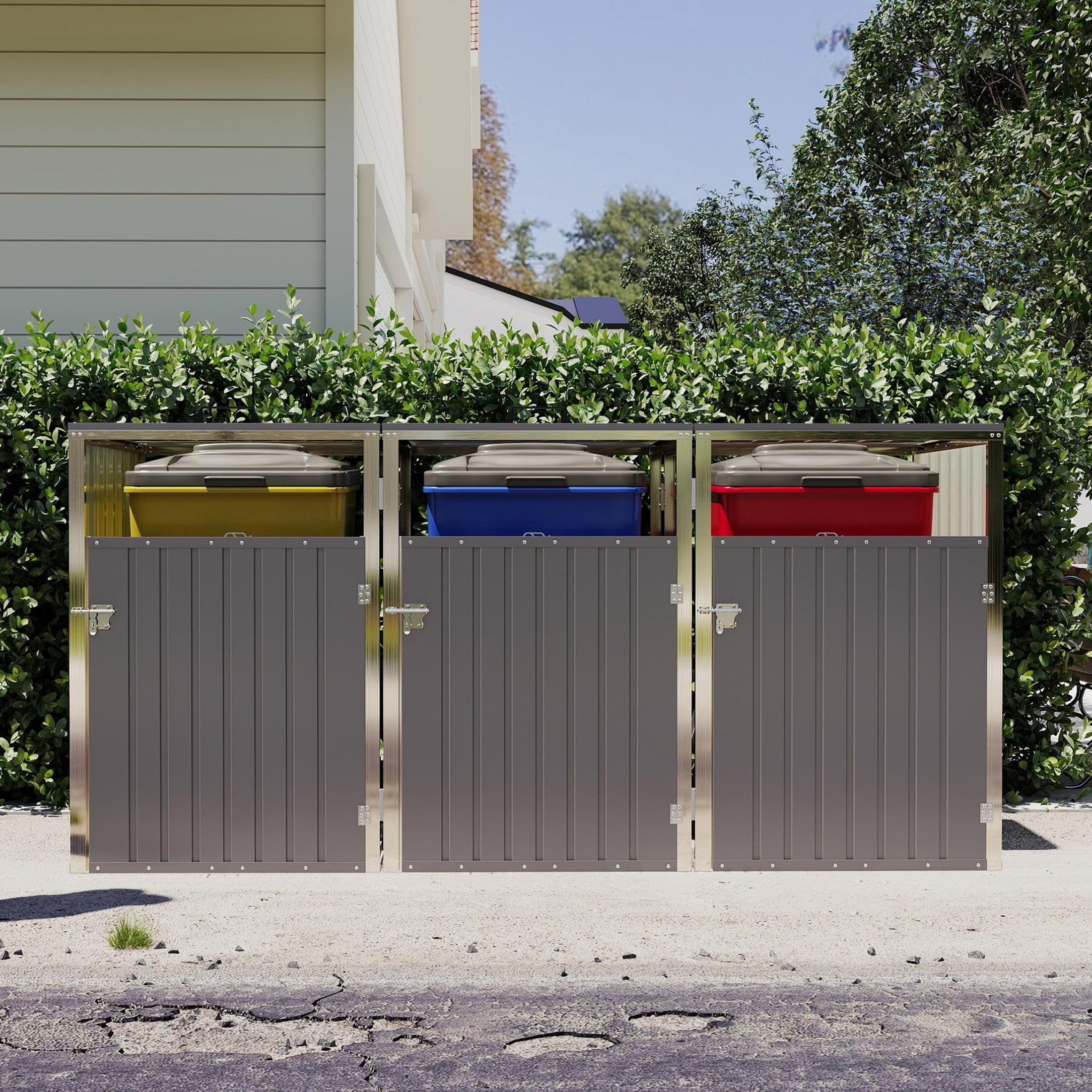 Noble House Outdoor Garbage Bin Shed for 3 Trash Cans, Lockable Galvanized Steel Garbage Bin Enclosure, Light Gray