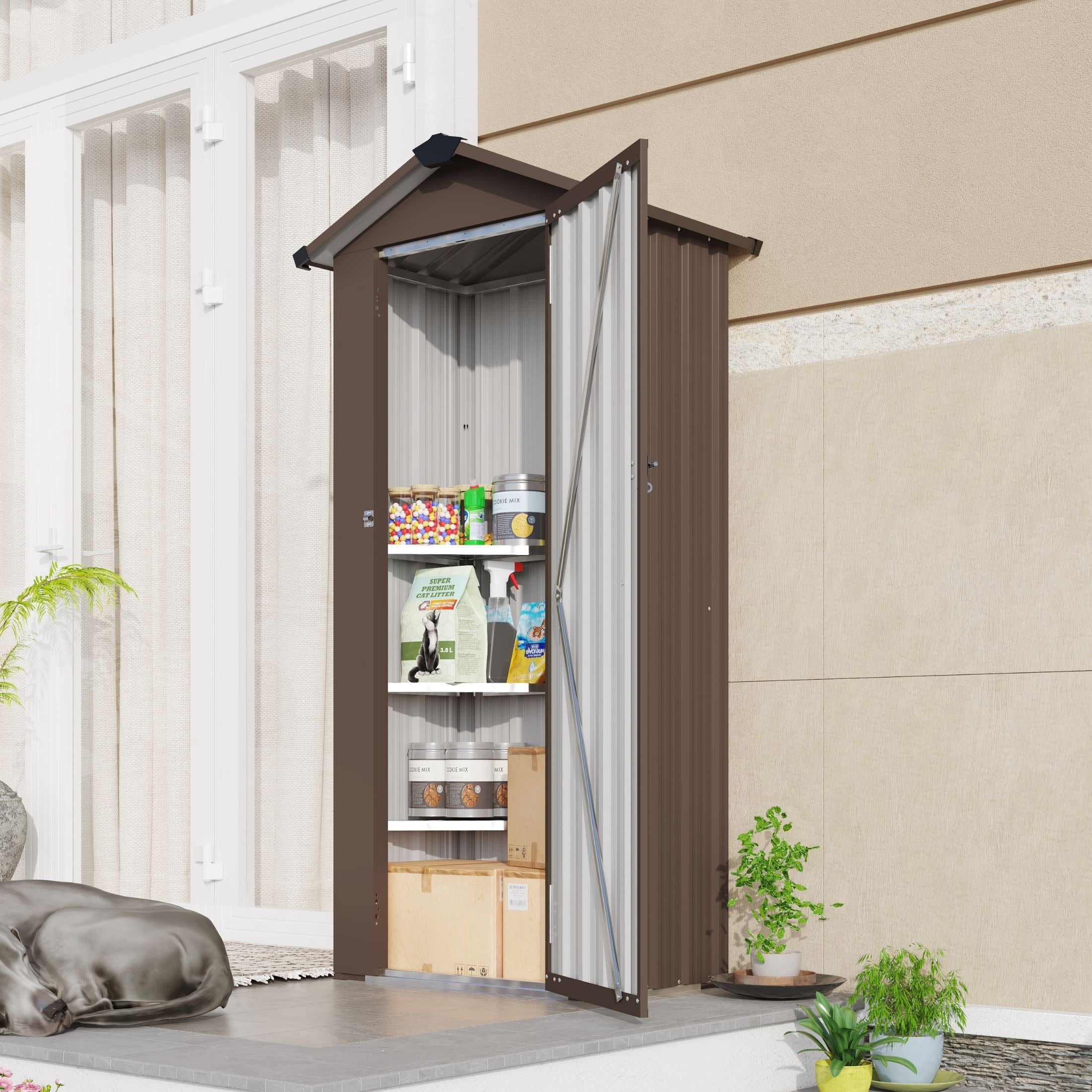 Noble House Outdoor Metal Garden Shed, Waterproof Storage Cabinet with Lock System, Compact Utility Shed, Brown