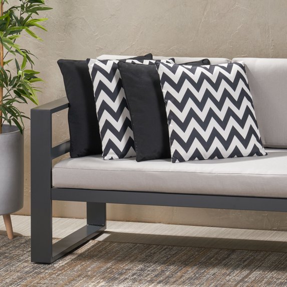 Noble House Outdoor Square Fabric Solid and Chevron Water Resistant Throw Pillows, Set of 4, Black/White