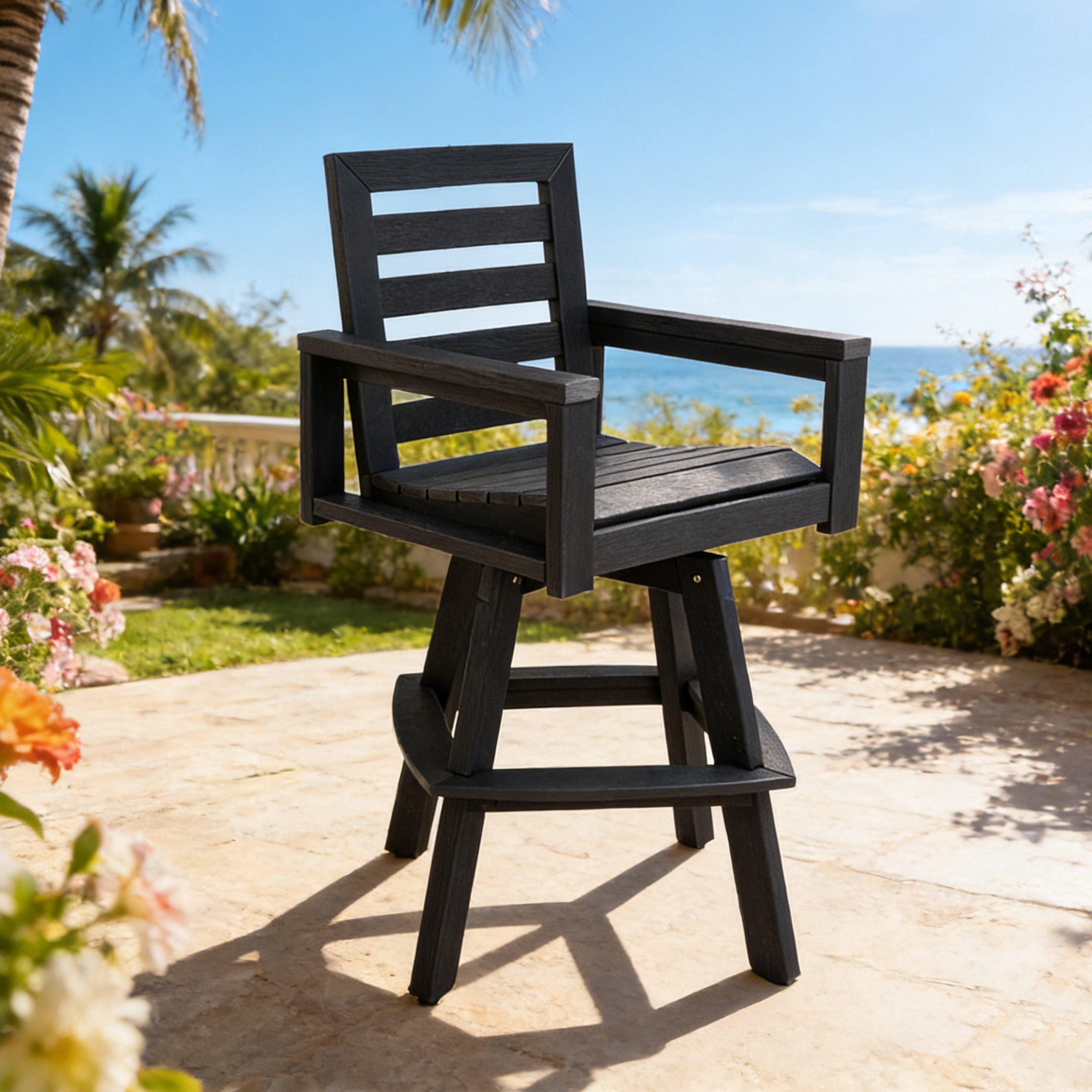 Noble House Outdoor Swivel Bar Stool, HDPE Wood Grain Ladderback Patio Chair with Footrest for Deck, Poolside, Black