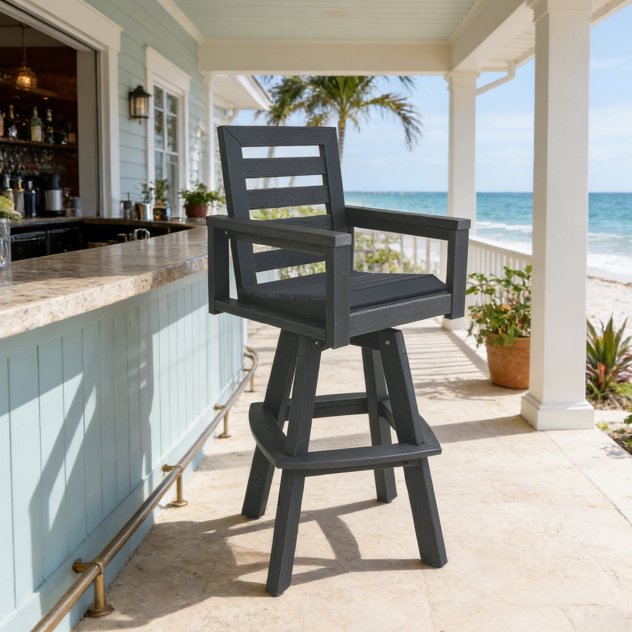 Noble House Outdoor Swivel Bar Stool, HDPE Wood Grain Ladderback Patio Chair with Footrest for Deck, Poolside, Grey
