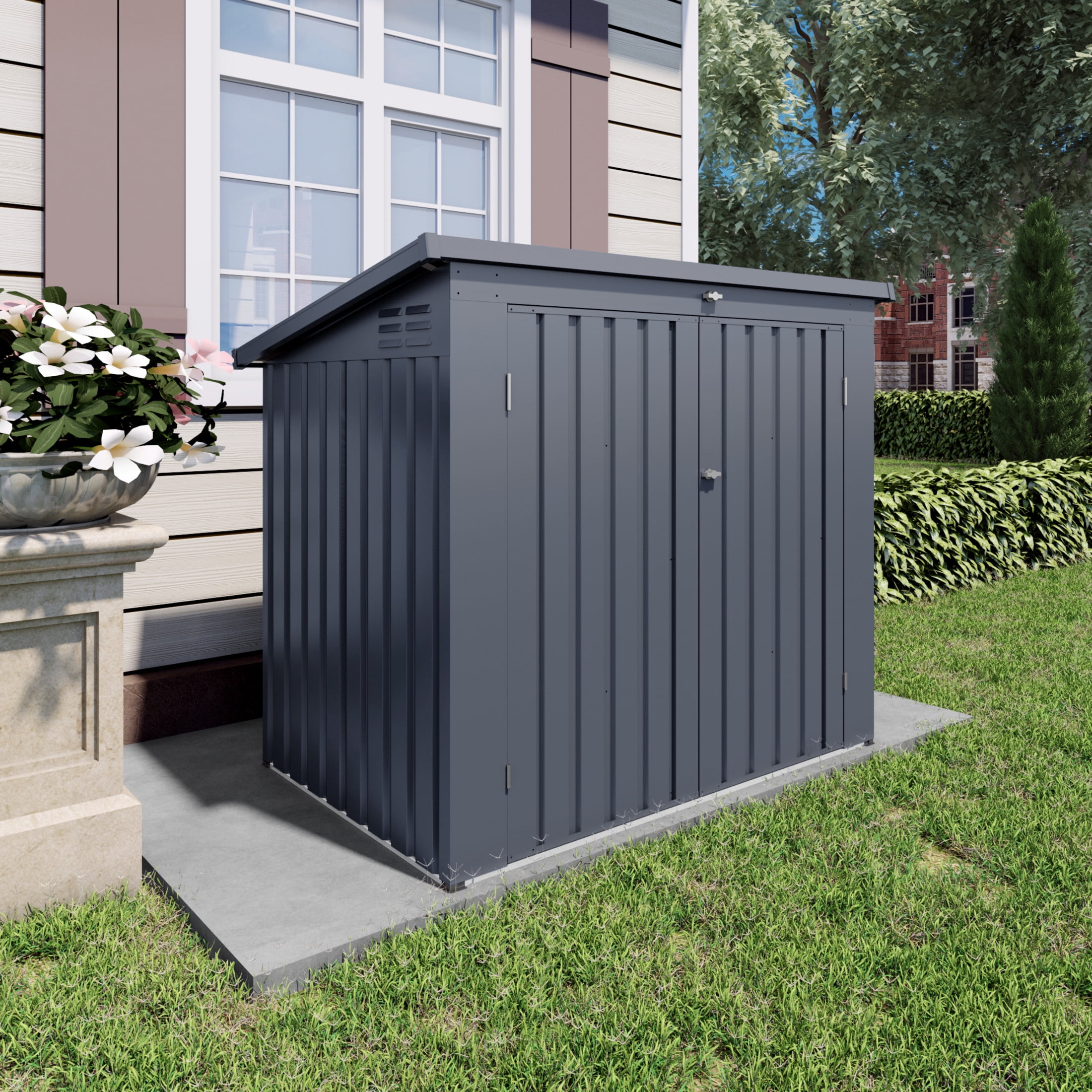 Noble House Outdoor Trash Can Storage Shed for 2 Bins, Metal Garbage Bin Enclosure with Lid, Gray