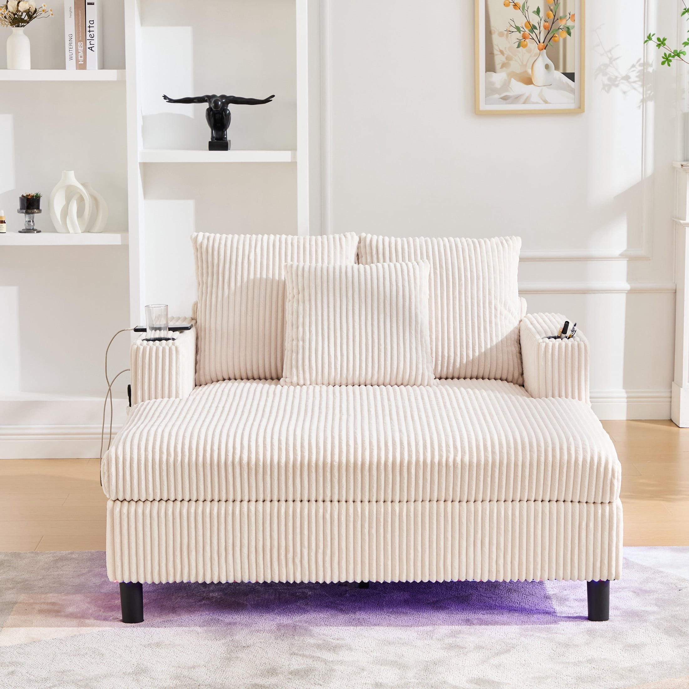 Noble House Oversized Corduroy Recliner Sofa, Deep Seat Chaise Lounge with Pillows for Living Room/Bedroom, Beige