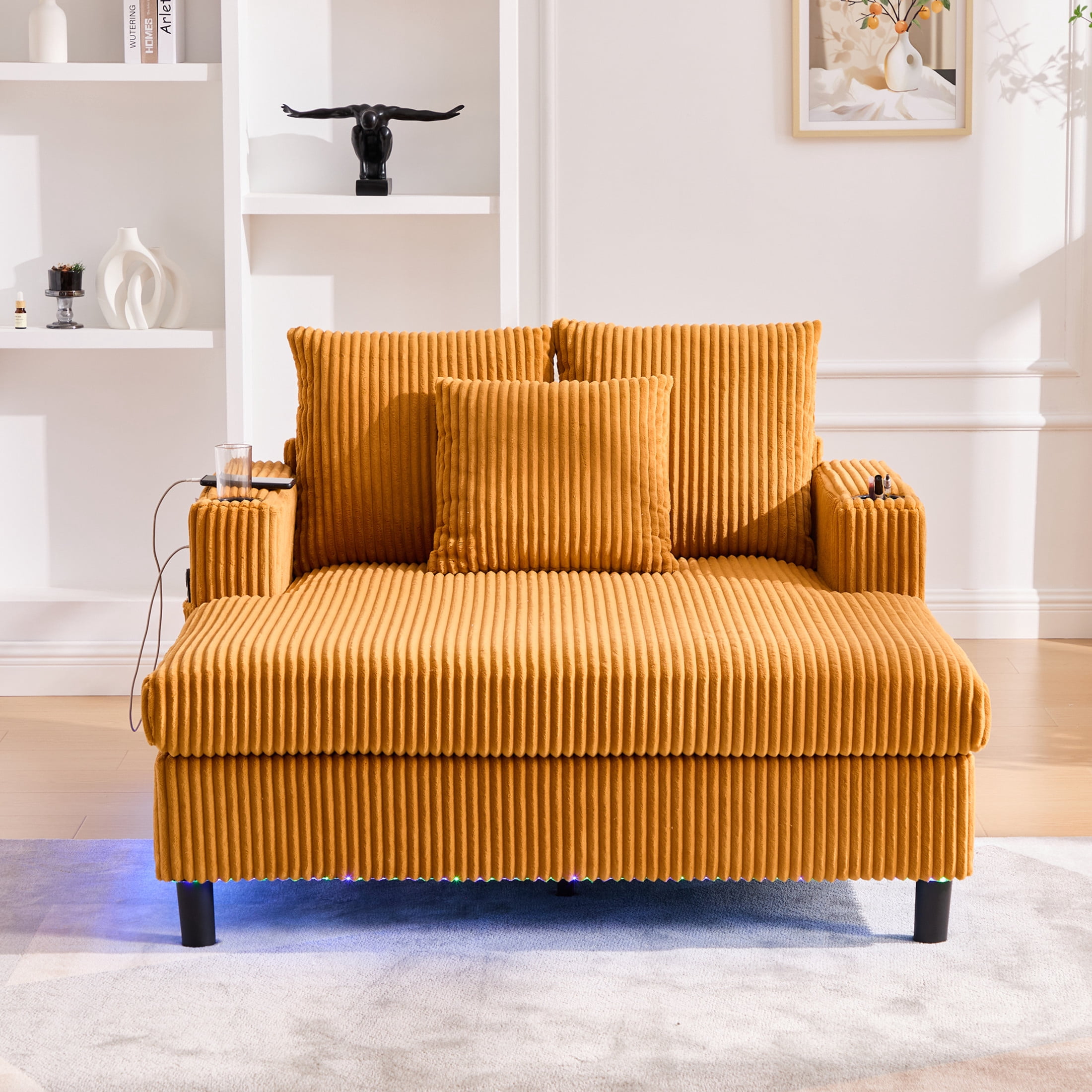 Noble House Oversized Corduroy Recliner Sofa, Deep Seat Chaise Lounge with Pillows for Living Room/Bedroom, Mustard Yellow