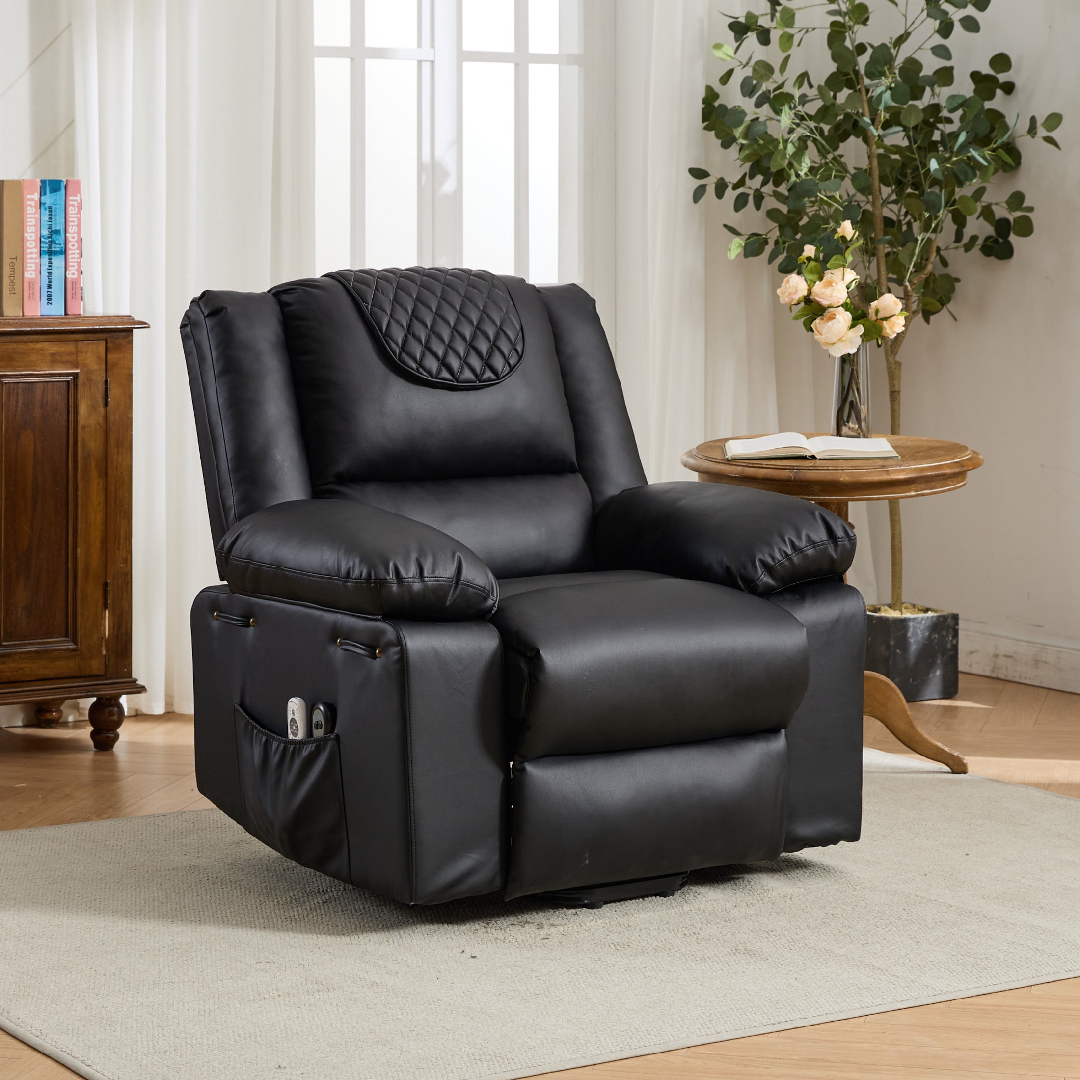 Noble House PU Leather Recliner with Heat & Massage, Remote-Control Assist Chair for Seniors, Black