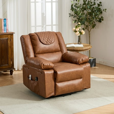 Noble House PU Leather Recliner with Heat & Massage, Remote-Control Assist Chair for Seniors, Brown