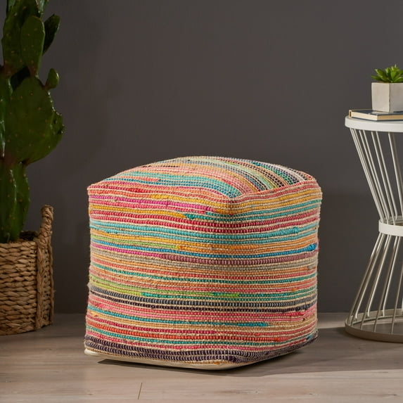 Noble House Paisley Boho Jute and Chindi Pouf in Multicolor