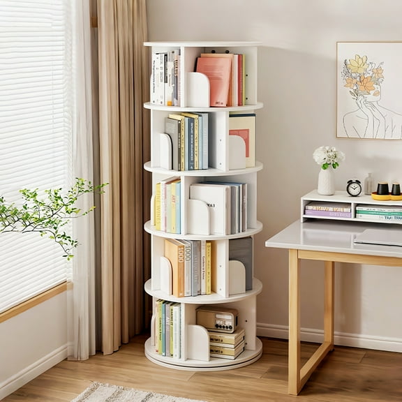 Noble House Pamela 5-Tier 360° Rotating Bookshelf, Round Display Tower, Space-Saving, for Home Office, White