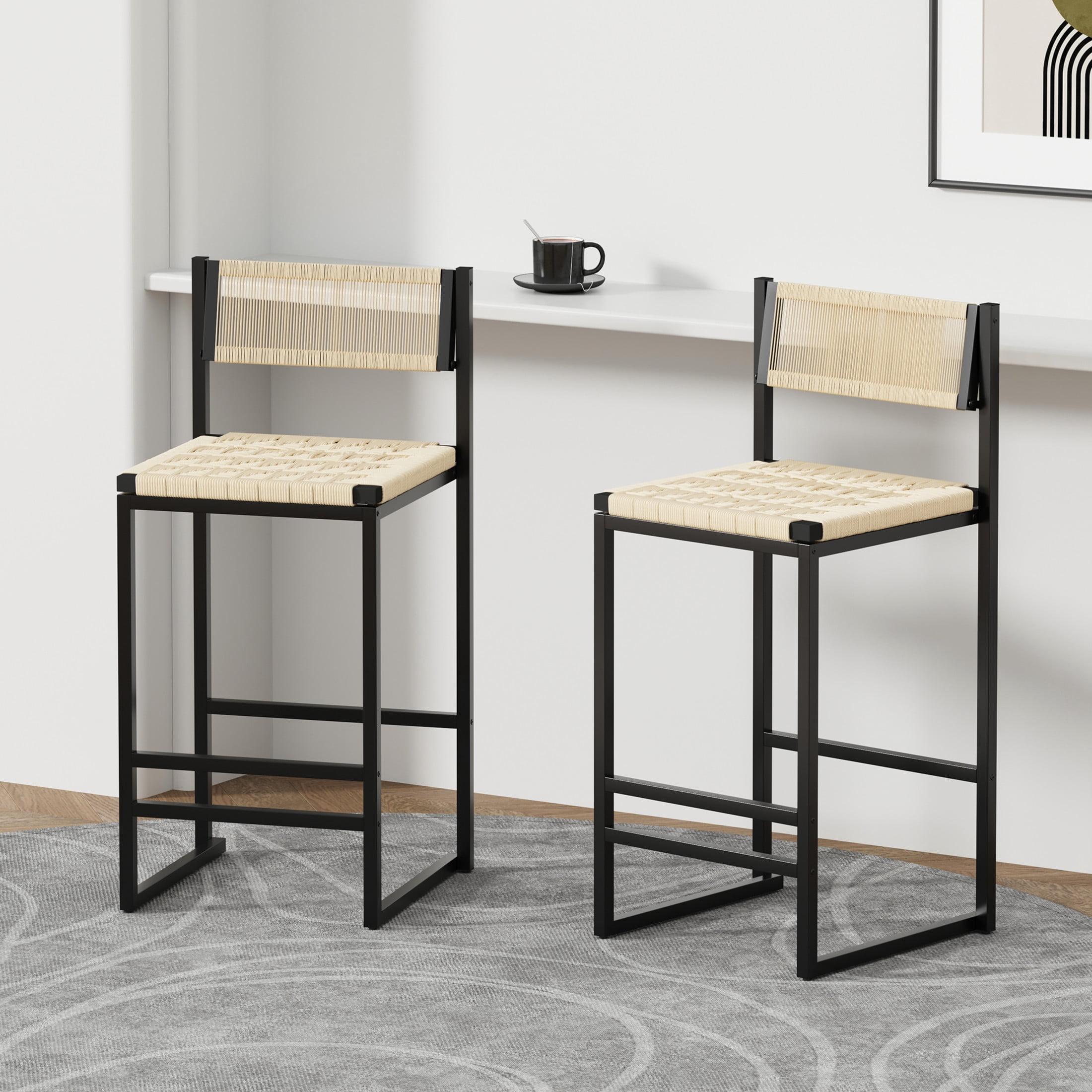 Noble House Paper Rope Bar Stools Set of 2 with Metal Frame & Footrest, Counter Height Chairs, Creamy White