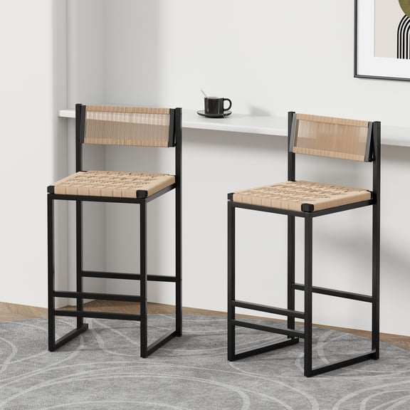 Noble House Paper Rope Bar Stools Set of 2 with Metal Frame & Footrest, Counter Height Chairs, Honey