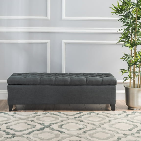 Noble House Paskal Contemporary Button-Tufted Fabric Storage Ottoman Bench, Dark Gray and Dark Brown