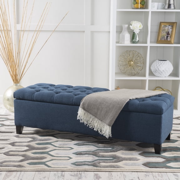 Noble House Paskal Tufted Fabric Storage Ottoman, Dark Blue