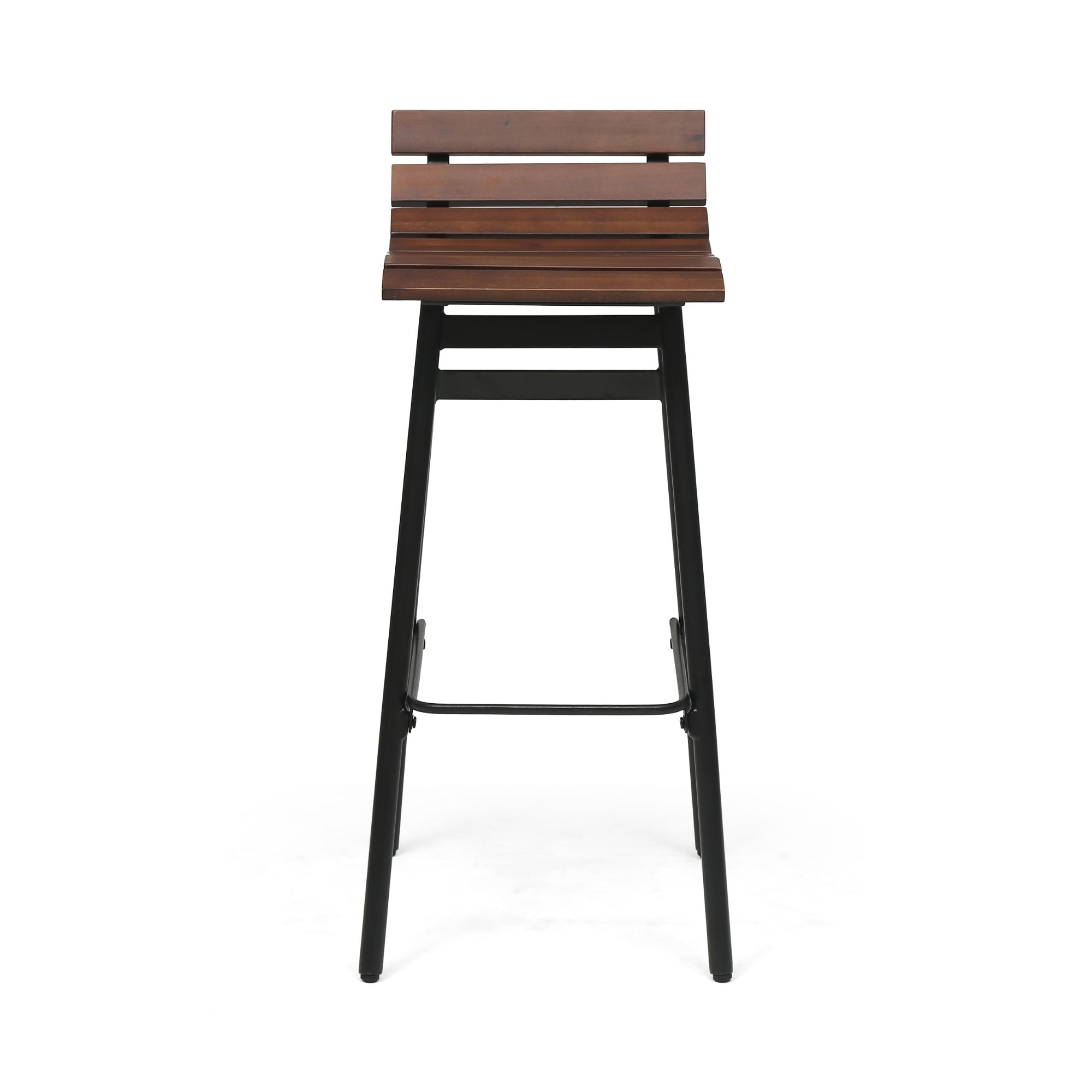Set of 2 Dark Brown Acacia Wood and Black Metal Swivel Barstools