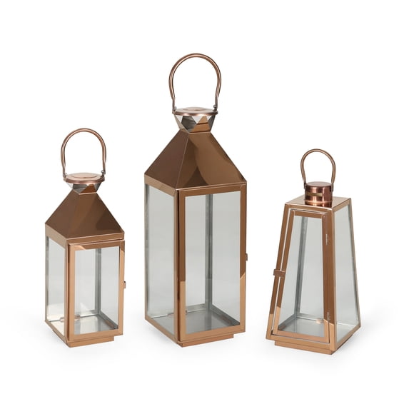 Noble House Peregrine Modern Stainless Steel Lantern Set in Rose Gold