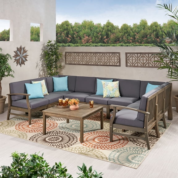 Noble House Perla Outdoor 10-Pc Acacia Wood Sofa Sectional Set Gray/Dark Gray