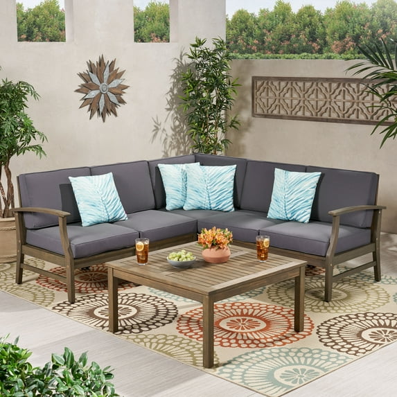 Noble House Perla Outdoor 6-Pc Acacia Wood Sectional Sofa Set Gray and Dark Gray
