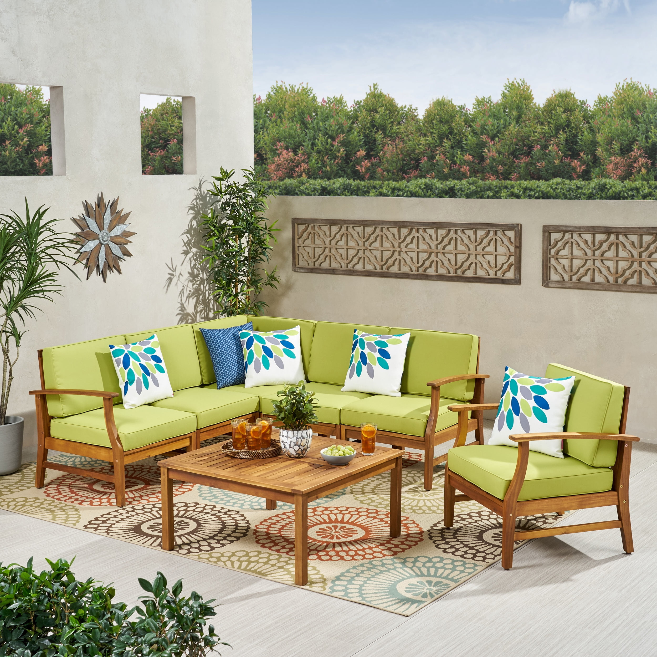 Green and Teak Acacia Wood 6-Person Outdoor Sectional Sofa Set